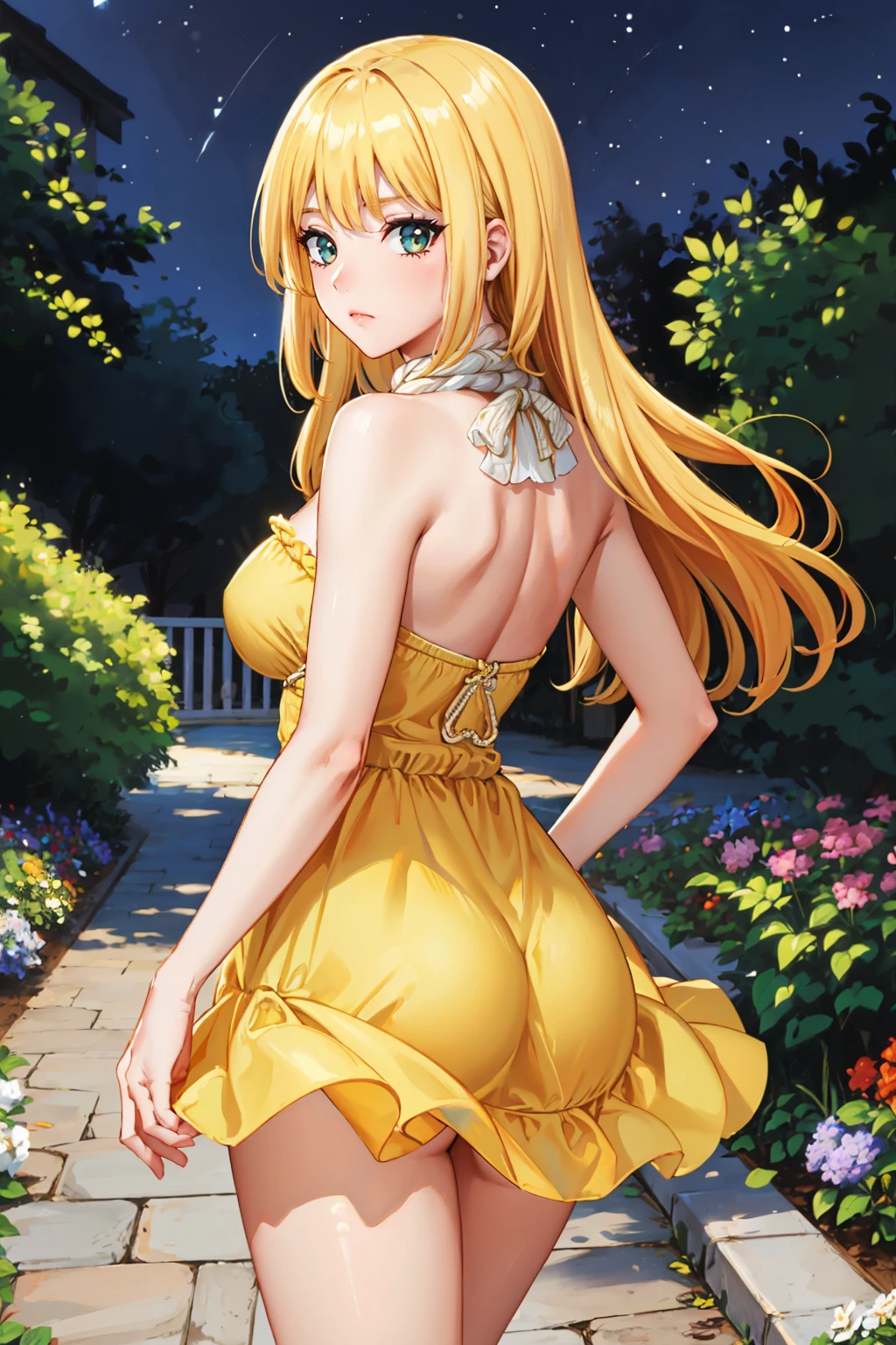masterpiece, best quality, <lora:dsruri-nvwls-v1-000009:0.9> ruri, rope around neck, yellow sundress, from behind, large breasts, thick thighs, looking at viewer, frown, garden, night <lora:edgChamYellowSundress:1> edgYSD,woman wearing a yellow sundress