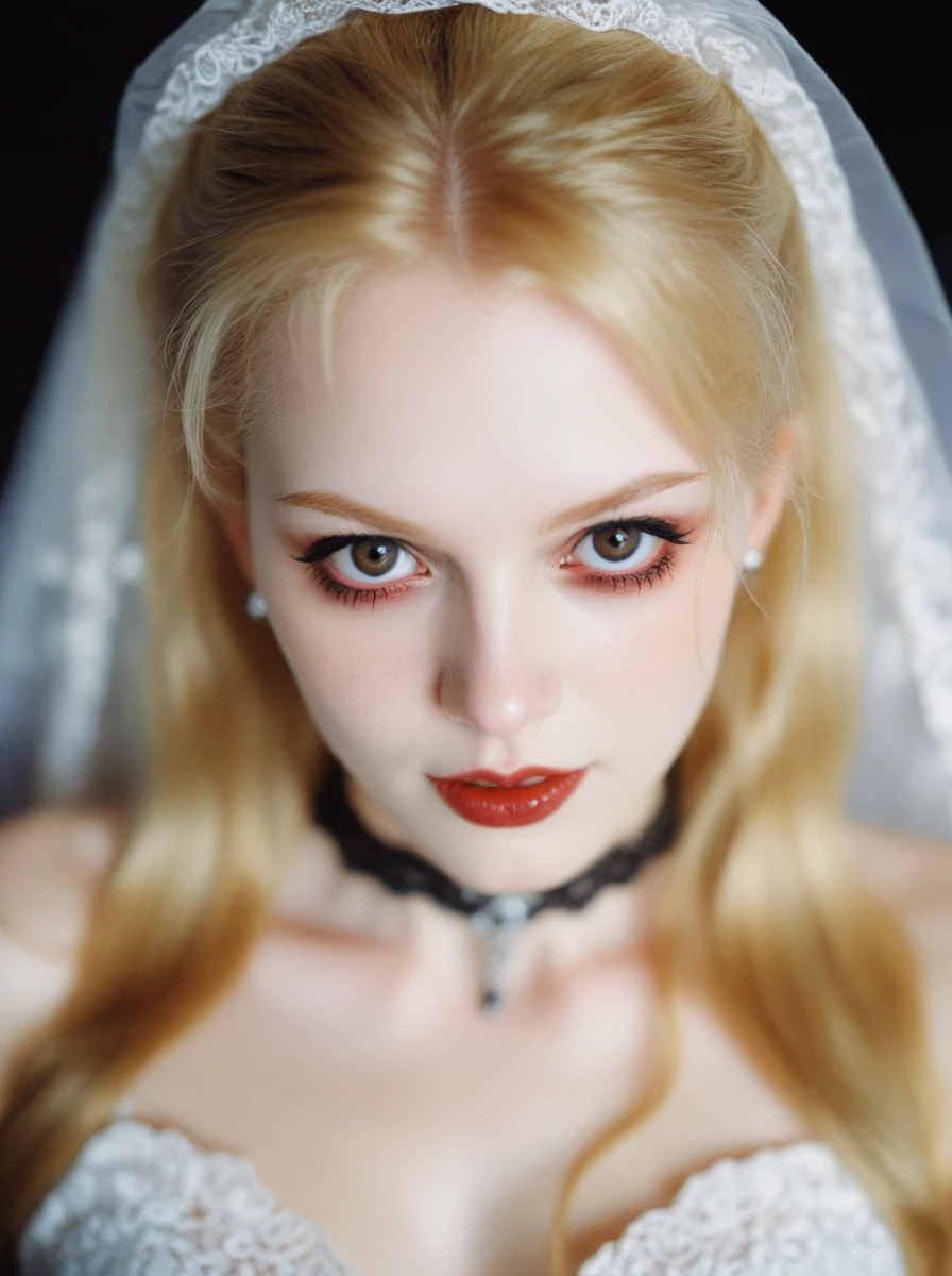 vampire bride,film photography aesthetic,the delicate texture of lace veil gently obscuring her face,long blonde hair,looking at viewer,eye eye contact,sapphire red eyes,choker,devil smile,dynamic composition,skin texture,from above,close-up,sharp focus,horror \(theme\),dutch angle,