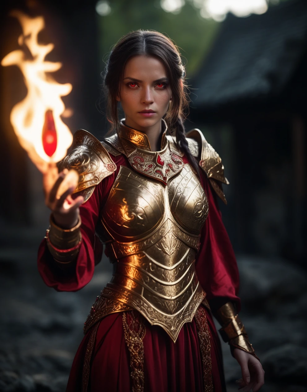 cinematic film still, a mage woman, gold plated armor, silk clothes, wrathful red eyes, dark atmosphere, holding a fire orb, shallow depth of field, vignette, highly detailed, high budget, bokeh, cinemascope, moody, epic