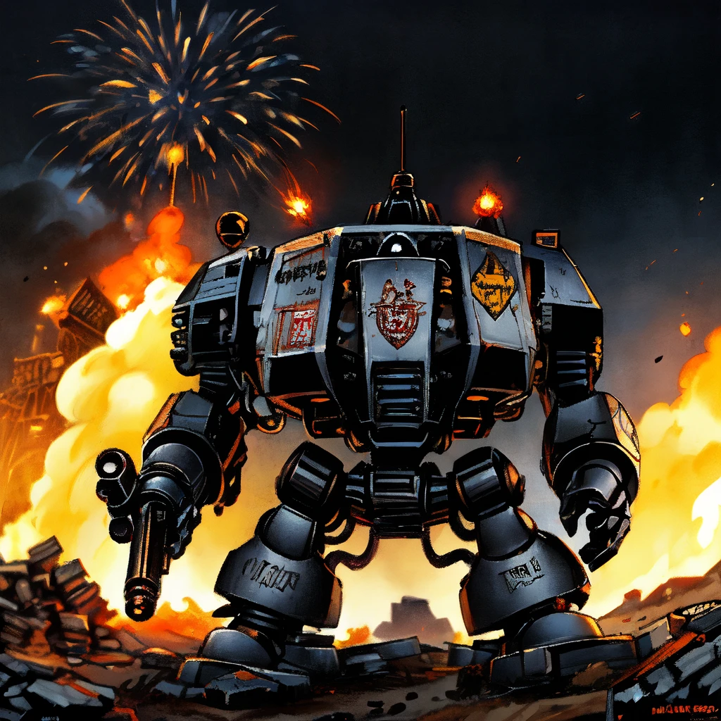 blue, drdnght, robot, science fiction, gun, missile pod, arm cannon, pulp_comic, heavy_lines, hand_drawn, hand_inked, hand_colored, ruins, cathedral, fire, explosions