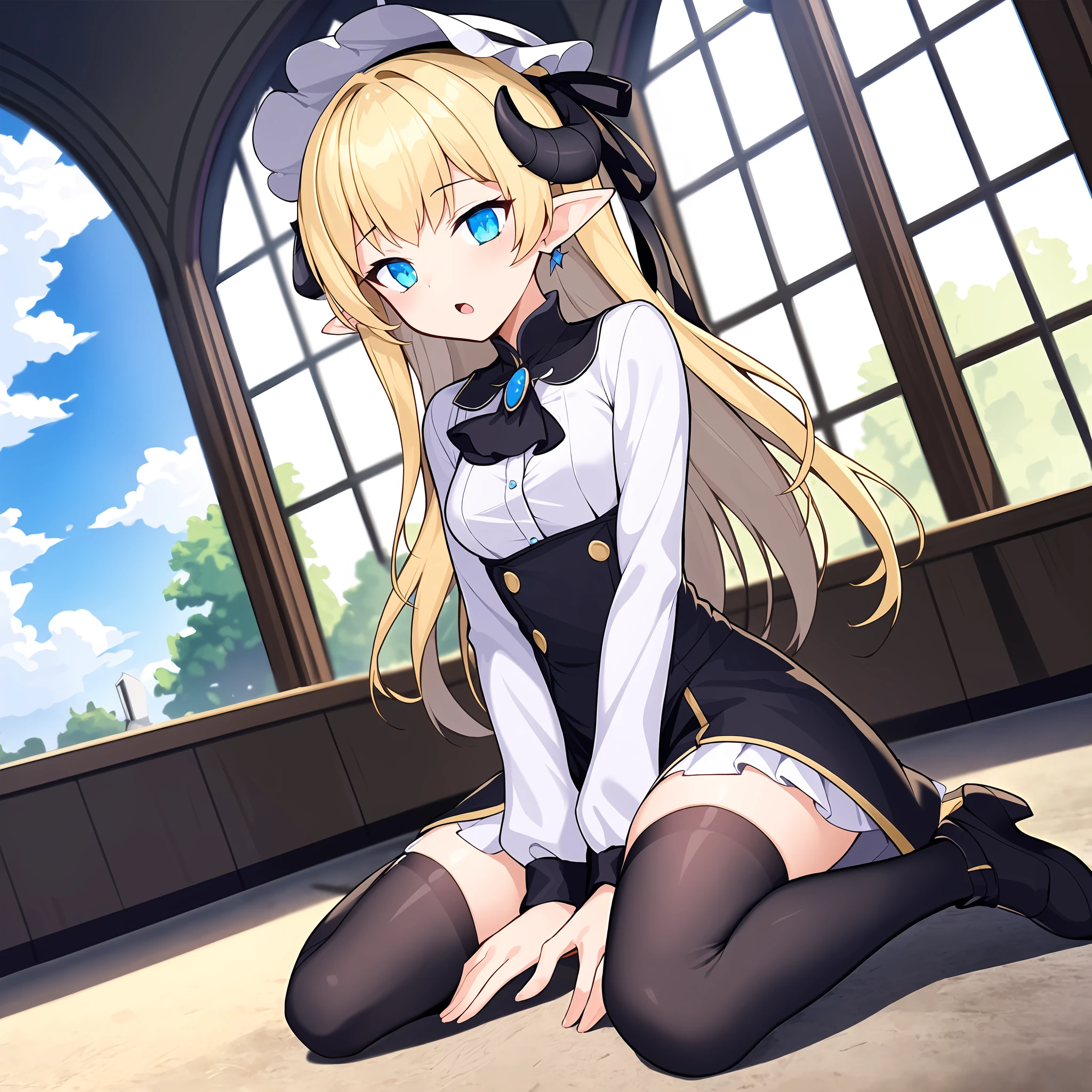 (((masterpiece))),(extremely detailed 8k wallpaper),(((best quality))),(best illumination, best shadow:1.4),(best illustration),<lora:mdy_v2-000022:0.5>,solo,(1girl:1.4),(full_body:1.2),(white headwear,sheep horns,black ribbon),(blue eyes,blonde hair,long hair),ai is sb,ai is sb,pointy ears,(jewelry,brooch,ascot,white dress,black skirt,long sleeves),[[:â,:0.5]::0.8],black thighhighs,dynamic_angle,sitting,(wariza),floor,(church:0.8),window_,cloudy sky,