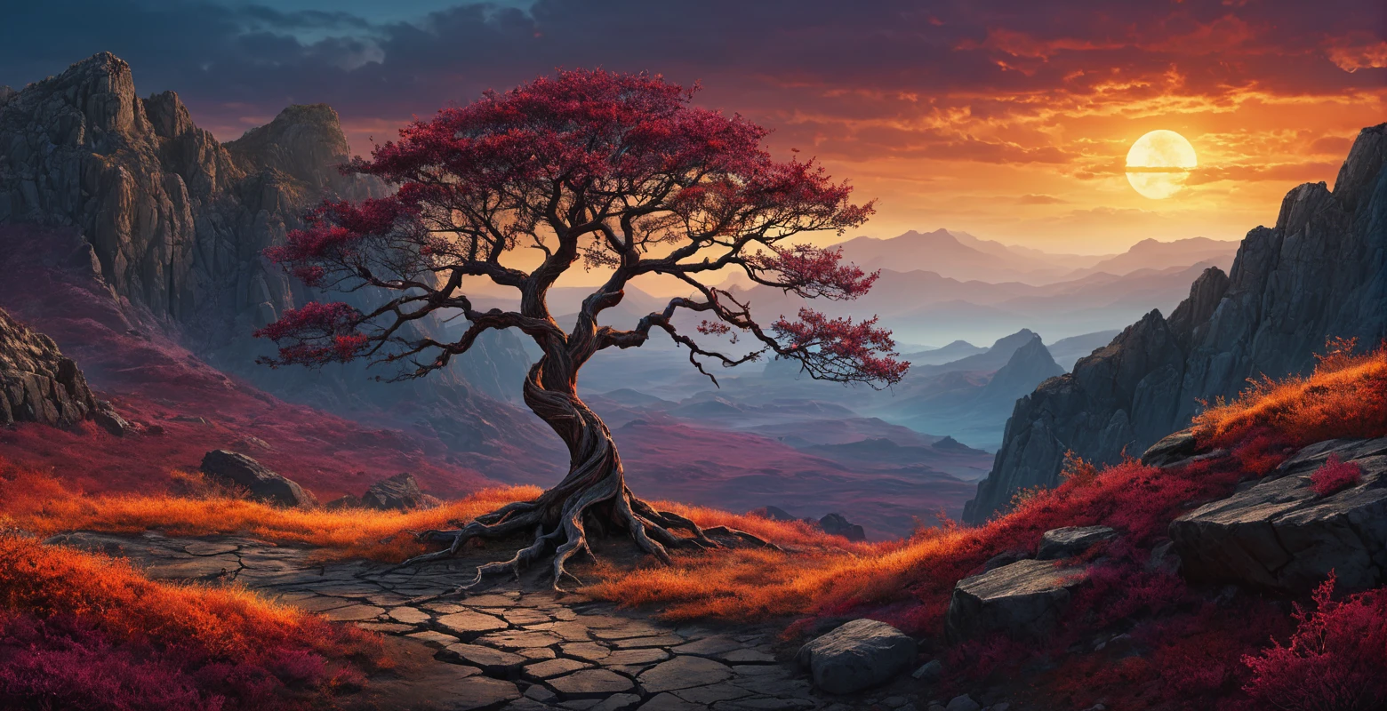 Artistic photography style A textured digital painting depicting a solitary, leafless tree standing on a rocky ground. The tree has a twisted trunk with intricate branches spreading out to form a dense, circular canopy. The painting employs a bold color palette with the tree in dark red tones, set against a vibrant orange and yellow background, evoking a sunset or fiery glow. The ground is layered with shades of dark purple, light blue,  brown, and hints of yellow. There are detailed textures resembling cracked earth and scattered stones, with some areas having a rough, almost relief-like appearance. The overall mood is dramatic and somewhat mystical, capturing the stark beauty of the tree's silhouette. . Calm, professional, ancient design, high-resolution, avant guard, highly detailed, original concept