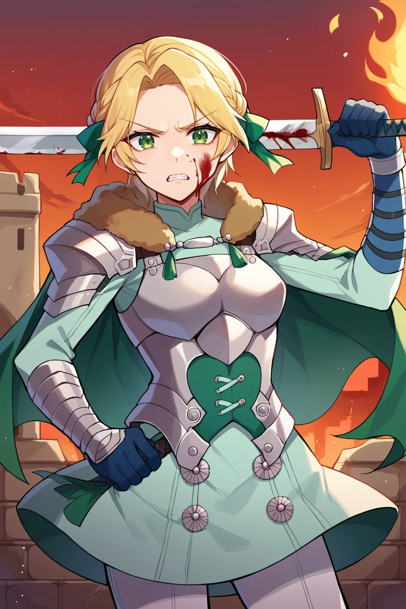 score_9, score_8_up, source_anime, 1girl, solo BREAK <lora:ingrid-pdxl-nvwls-v1-000007:0.9> waringrid, short hair, hair ribbons, shoulder armor, armor, breastplate, underbust, green coat, fur trim, vambraces, blue gloves, green cape, green skirt, white pants, clenched teeth, serious, looking at viewer, holding sword, blood on face, battlefield, ruins, fire, red sky