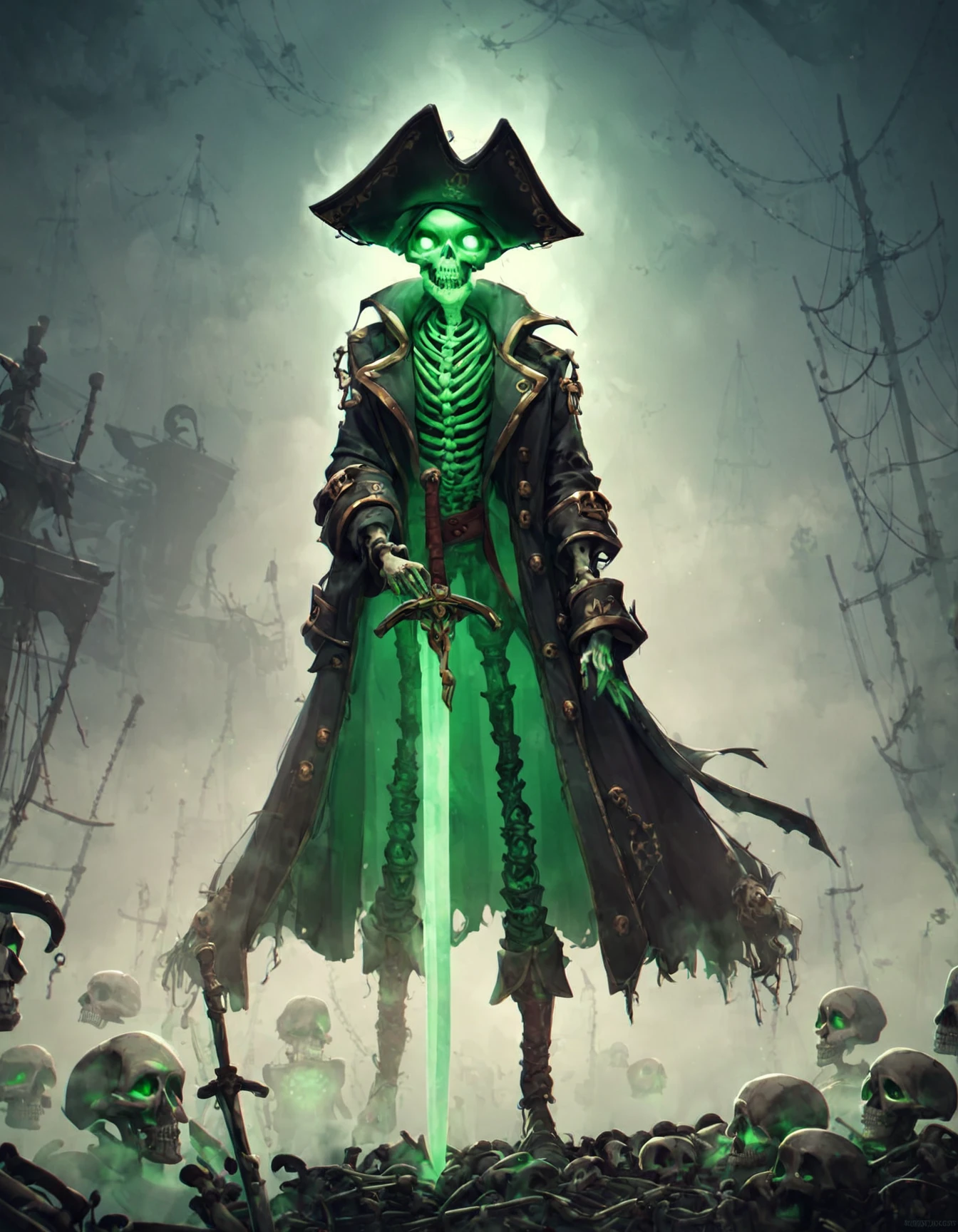 <lora:GhostPirateWorldPonyXL:1> ghostpirateworld, skeleton, ghost, pirate hat, holding sword, green glowing eyes, standing, pirate coat, fog, mist, gloomy, close up, volumetric lighting, score_9, score_8_up, score_7_up, score_6_up, score_5_up, score_4_up,