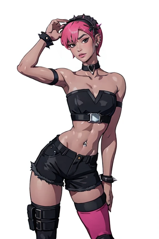 masterpiece,best quality,face detail,extreme detail,8k,white background,<lora:minapark:0.7>,minapark,1girl,solo,breasts,looking at viewer,short hair,simple background,thighhighs,bare shoulders,jewelry,pink hair,hairband,earrings,boots,shorts,choker,midriff,black thighhighs,bracelet,crop top,strapless,makeup,black shorts,piercing,spikes,spiked bracelet,