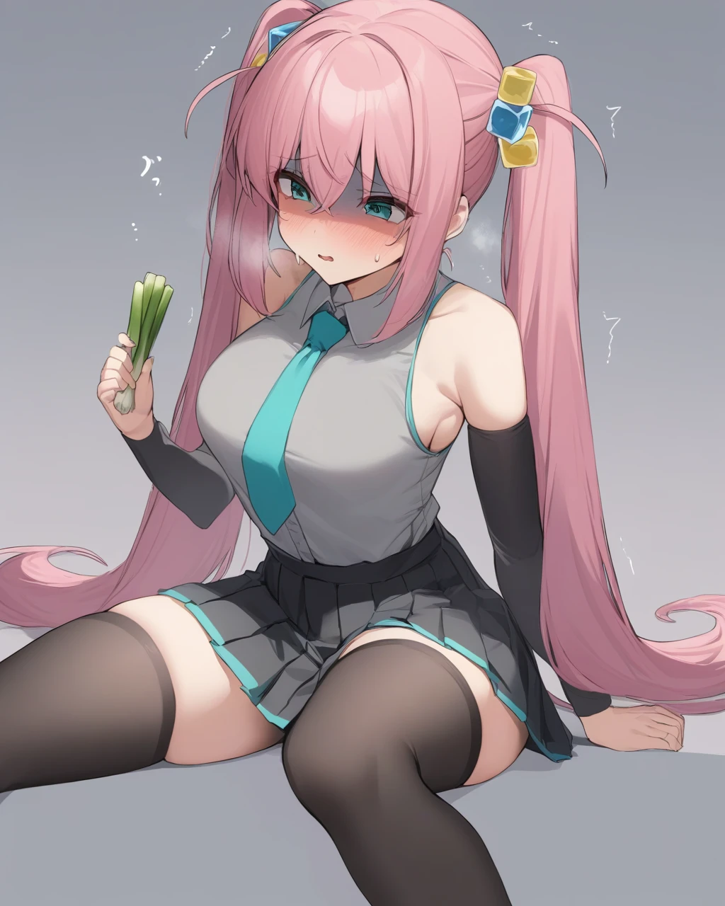 masterpiece,best quality,<lora:gotoh_hitori:1>,aqua_necktie, bare_shoulders, holding_food, black_thighhighs, cube_hair_ornament, sleeveless, alternate_costume, worried, spring_onion, 1girl, sleeveless_shirt, holding, gotoh_hitori, solo, side_ahoge, black_sleeves, black_skirt, thighhighs, alternate_hairstyle, aqua_trim, twintails, necktie, triangle_print, hair_ornament, holding_spring_onion, holding_vegetable, collared_shirt, trembling, skirt, vegetable, sitting, shirt, miniskirt, hatsune_miku_(cosplay), hatsune_miku, vocaloid, grey_shirt, sweat, detached_sleeves, shaded_face, gradient_background, clenched_hands, cosplay, pleated_skirt, food, bocchi_the_rock!