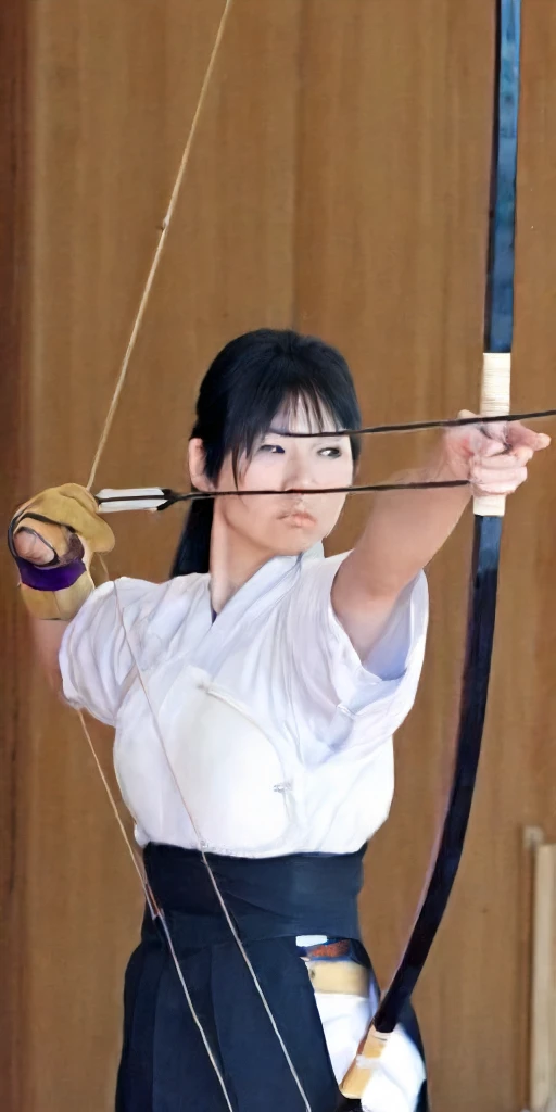 dozukuri, 1girl,solo,black hair,gloves,holding,ponytail,weapon,japanese clothes,holding weapon,lips,single glove,bow (weapon),partially fingerless gloves,realistic,arrow (projectile),muneate,holding bow (weapon),aiming,yugake,holding arrow,drawing bow,archery,kyuudou<lora:Kyudo:1>