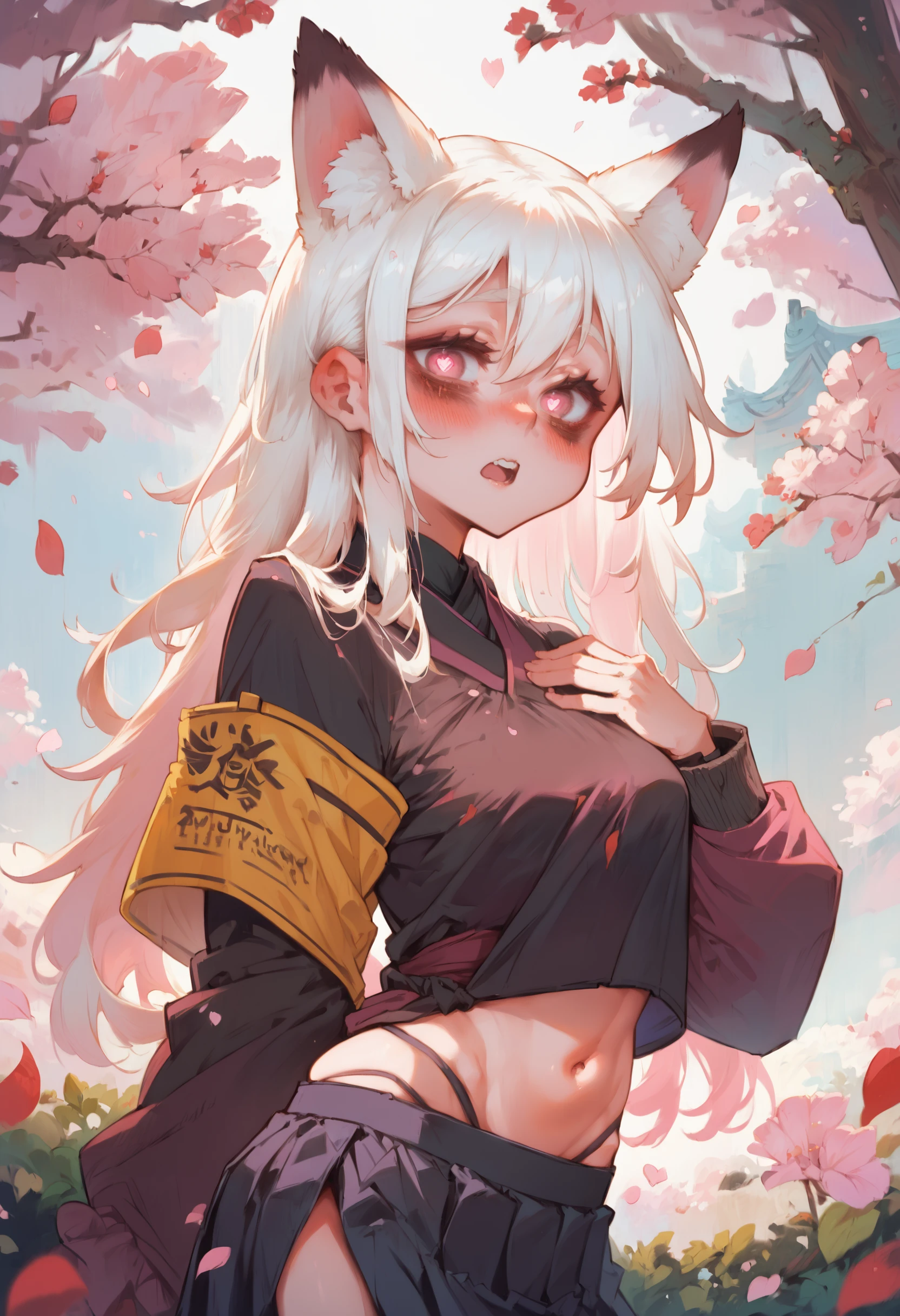 <lyco:MIX-GEM-D1 adamw8bit-P1:1> 1girl, animal ear fluff, animal ears, armband, bags under eyes, black shirt, black skirt, blush, breasts, cherry blossoms, cowboy shot, ear blush, extra ears, faux text, fox ears, fox girl, from side, groin, hair between eyes, hand on own chest, heart, heart-shaped pupils, long hair, long sleeves, looking at viewer, midriff, navel, open mouth, petals, pink eyes, pleated skirt, puffy sleeves, raised eyebrows, shirt, side slit, skirt, small breasts, solo, stomach, symbol-shaped pupils, teeth, white hair, BREAK score_9, score_8_up, score_7_up, score_6_up, score_5_up, score_4_up,