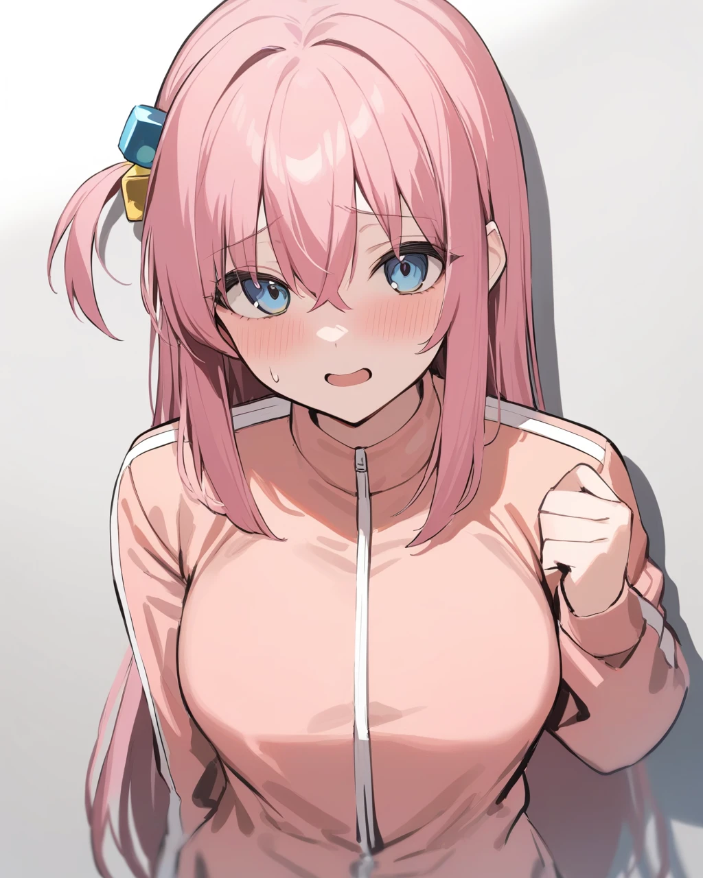 masterpiece, best quality, highres, gotou1, gotou hitori, solo, bangs, hair between eyes, ((portrait)), pink tracksuit, detiled eyes, big boobs, classroom, ((cleavage))