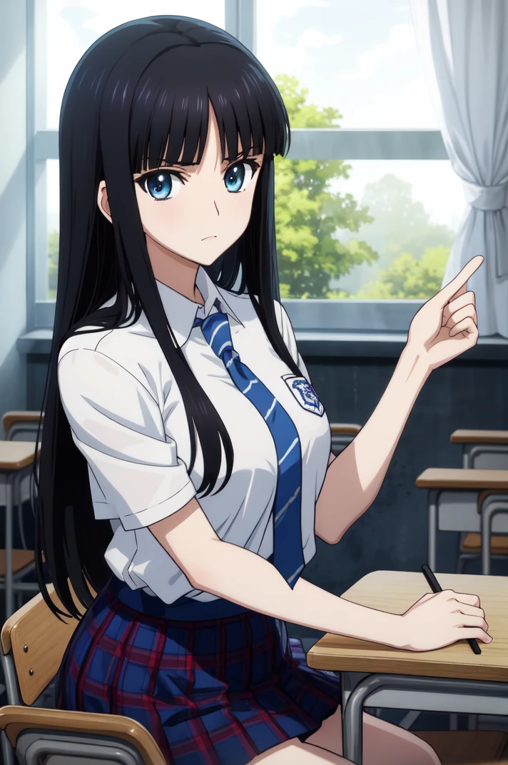 masterpiece, best quality, absurdres, Touma Kazusa <lora:Touma_Kazusa:0.8>, long hair, (black hair, blue eyes), school uniform, blue necktie, shirt, plaid skirt, BREAK 
nice hands, perfect hands, <lora:GoodHands-beta2:0.8>, (beaufitul hand, beautiful finger:1.15), School, classroom, school chair, school desk, (Deep Depth Of Field), (perfect anatomy), cowboy shot, [Cinematic lighting|Volumetric Lighting], looking at viewer