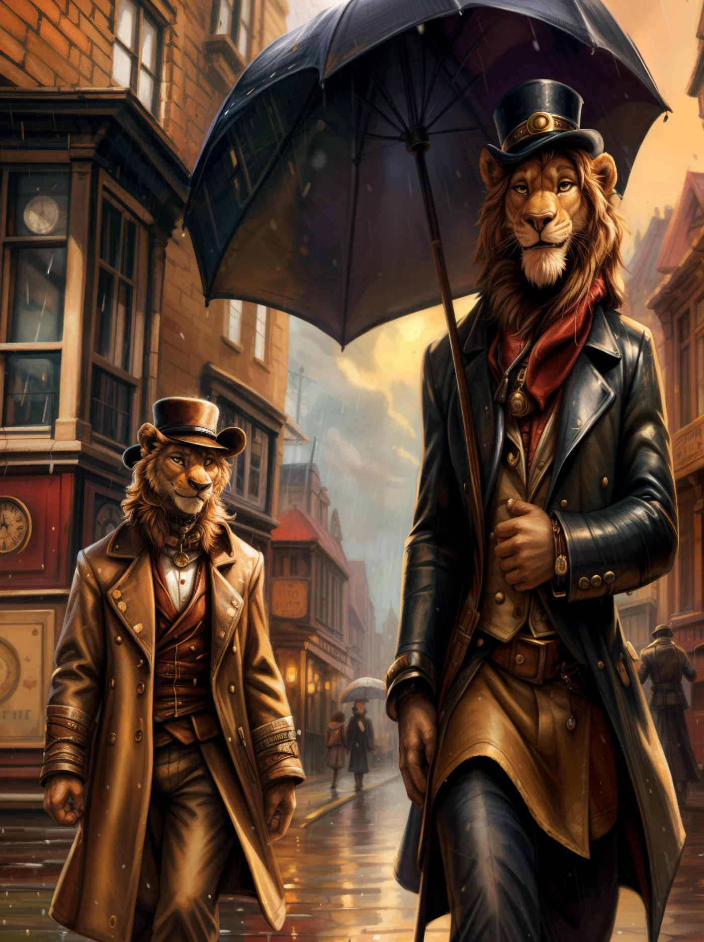 close-up portrait, lion, wearing fancy coat, pants, hat, in a 19th century street, walking, holding an umbrella, raining, sunlight, steampunk, smile, high detailed, by kenket, Diego Gisbert Llorens, Josan Gonzales, Dan Mumford, cinematic, complex background
