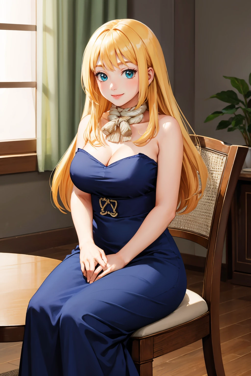 masterpiece, best quality, <lora:dsruri-nvwls-v1-000009:0.9> ruri, rope around neck, strapless, purple dress, cleavage, long dress, side slit, large breasts, sitting, hands on lap, chair, table, looking at viewer, smile