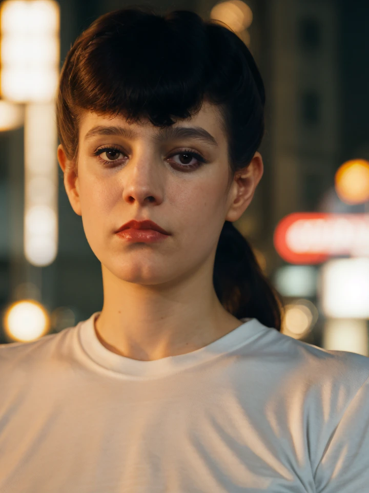 rchbld,rchbld hair, (upper body shot:1.2),(wearing t-shirt:1.2),city street, dof,volumetric lighting,masterpiece,extremely detailed skin,pores,cinematic