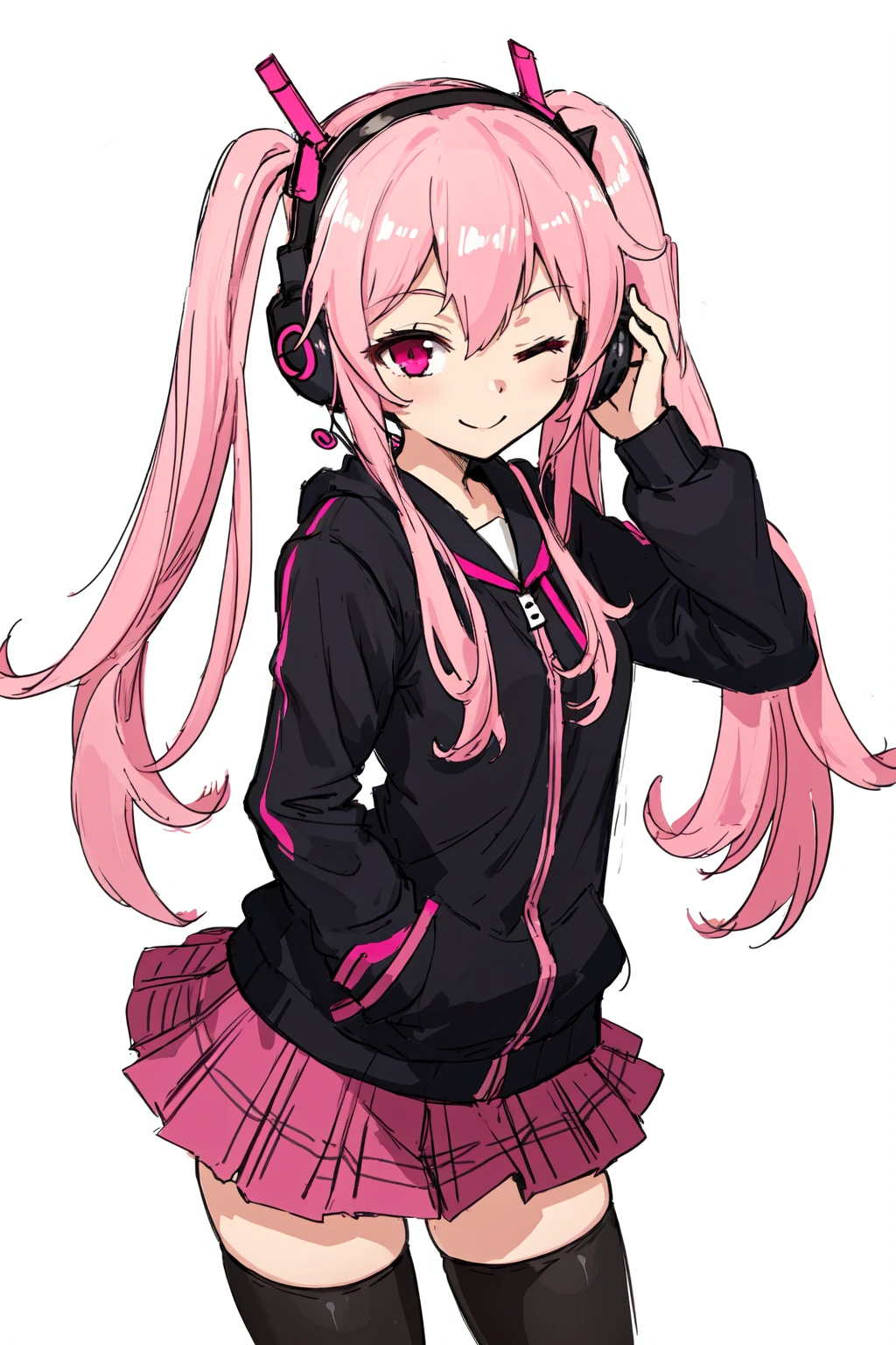 best quality, original, 1girl, headphones, long hair, looking at viewer, one eye closed, pink eyes, pink hair, sketch, skirt, smile, solo, thighhighs, twintails