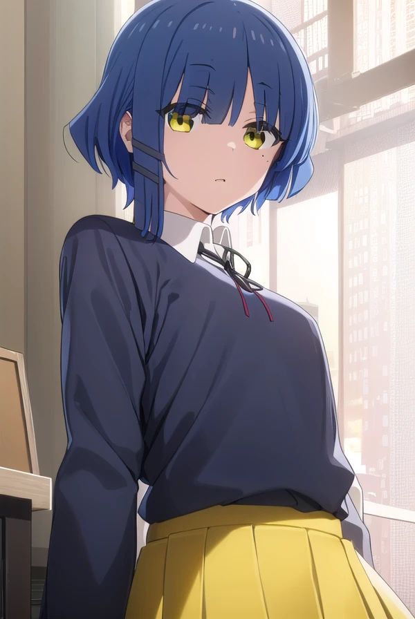 ryouyamada, <lora:ryou yamada s1-lora-nochekaiser:1>,
ryou yamada, blue hair, eyes visible through hair, mole, mole under eye, short hair, (yellow eyes:1.3), hairclips,
BREAK black pantyhose, black ribbon, blue skirt, brown footwear, loafers, long sleeves, pantyhose, ribbon, school uniform, shimokitazawa high school uniform, shirt, shoes, skirt, white shirt,
BREAK indoors, classroom,
BREAK looking at viewer, (cowboy shot:1.5),
BREAK <lyco:GoodHands-beta2:1>, (masterpiece:1.2), best quality, high resolution, unity 8k wallpaper, (illustration:0.8), (beautiful detailed eyes:1.6), extremely detailed face, perfect lighting, extremely detailed CG, (perfect hands, perfect anatomy),