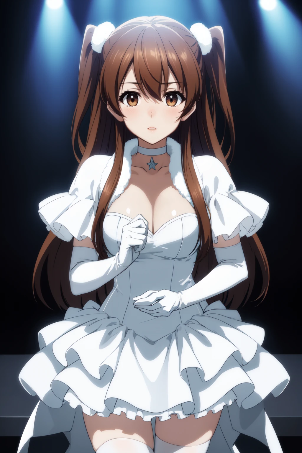 masterpiece, best quality, absurdres, Ogiso Setsuna <lora:Ogiso_Setsuna:0.8> , 1girl, brown eyes, (long hair, light brown hair, two side up:1.2), cleavage, choker, elbow gloves, white gloves, white dress, white thighhighs, frilled dress, BREAK 
nice hands, perfect hands, <lora:GoodHands-beta2:0.8>, (beaufitul hand, beautiful finger:1.15), stage, stage lights, sharp focus, (perfect anatomy), cowboy shot, [Cinematic lighting|Volumetric Lighting], looking at viewer
