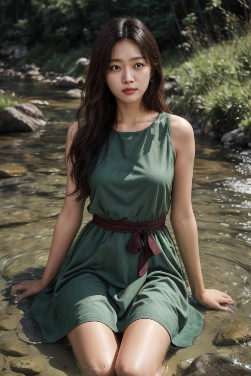 masterpiece, best quality, ultra-detailed, ultra high res, (photorealistic:1.4), raw photo, (realistic:0.2), CG, 8k HDR, cinematic lighting, 1girl, solo, looking at viewer, (simple blouson dress, sleeveless), outdoor, (colorful), day, (half submerged in a river), meadow, upper body, lower body, asymmetrical hair, (detailed oily skin, medium breasts:0.8), (detailed face), (detailed background :1.1), closed mouth,