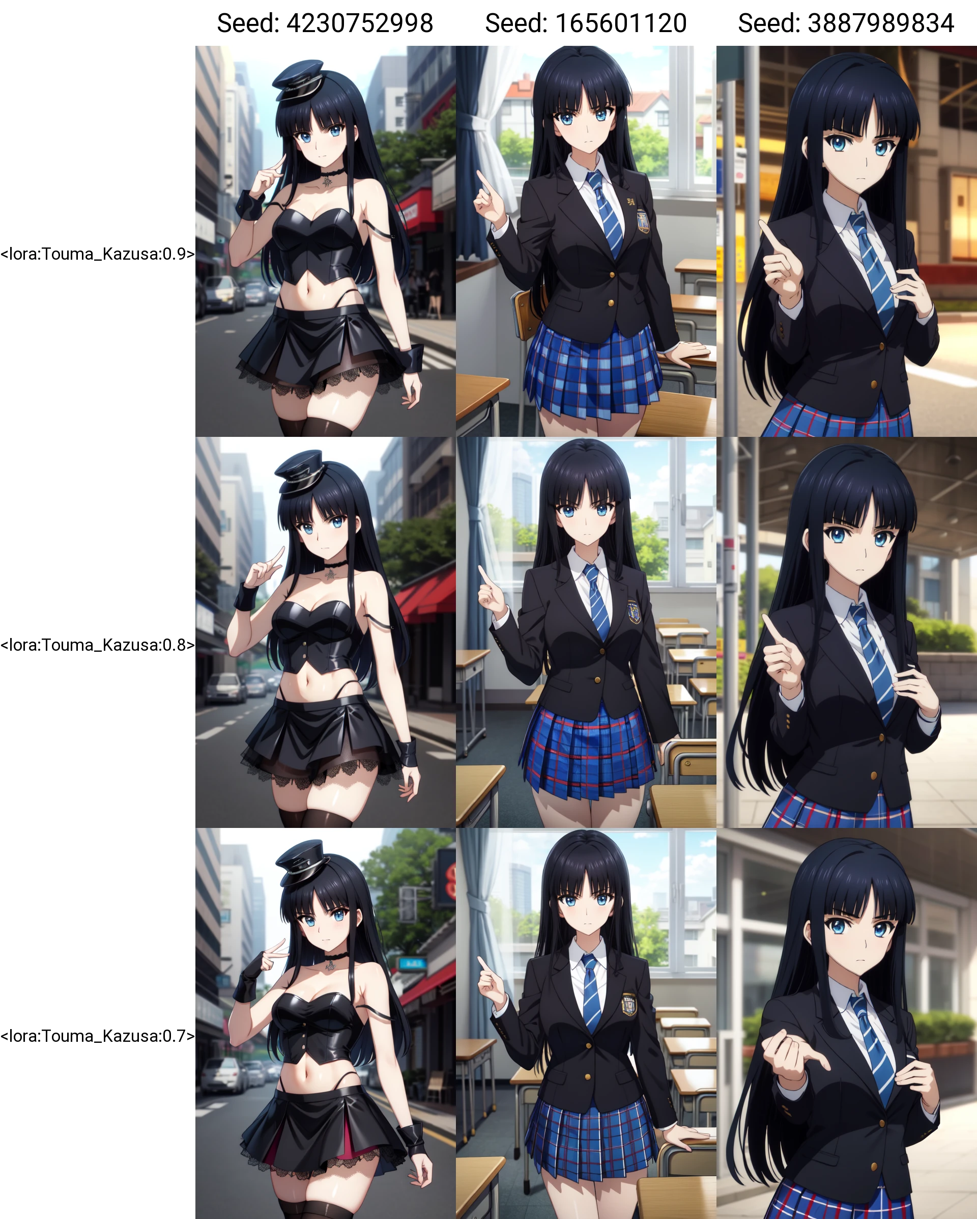 masterpiece, best quality, absurdres, <lora:Touma_Kazusa:0.9> Touma Kazusa, long hair, (black hair, blue eyes), navel, choker, midriff, strap slip, peaked cap, fingerless gloves, (hat, mini top hat, single thighhigh, black skirt, frilled dress:1.2), BREAKnice hands, perfect hands, <lora:GoodHands-beta2:0.8>, (beaufitul hand, beautiful finger:1.15), outdoors, sharp focus, (perfect anatomy), cowboy shot, [Cinematic lighting|Volumetric Lighting], looking at viewer