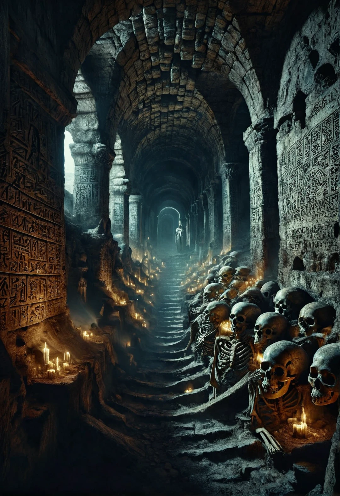interior of a macabre temple, collapsing ceiling, vision of darkness at night, through the hole in the roof, lots of skulls, and tormented souls, in the Middle Ages, in ruins, night with rain, dense clouds and full moon, 4k image, cinematic, high quality, limbos on the walls, presence of demons inside, columns in perspective, Roman statues, trees nearby, wet floor, presence of fireworks,