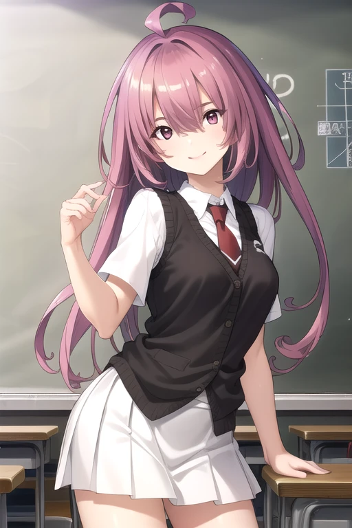 ((masterpiece)),(best quality),official art,extremely detailed CG,unity 8k wallpaper,ultra detailed,beautiful detailed eyes,extremely detailed face,classroom,1girl,solo,cowboy shot,looking at viewer,facing viewer,smile,Hibikino Yukari(hscweys),ahoge,very long hair,pink hair,hair between eyes,pink eyes,black vest,red necktie,dress shirt,white shirt,collared shirt,short sleeves,medium breasts,miniskirt,white skirt,pleated skirt,plaid skirt,striped skirt,black socks,loafers,<lora:Hibikino Yukari(hscweys)>,