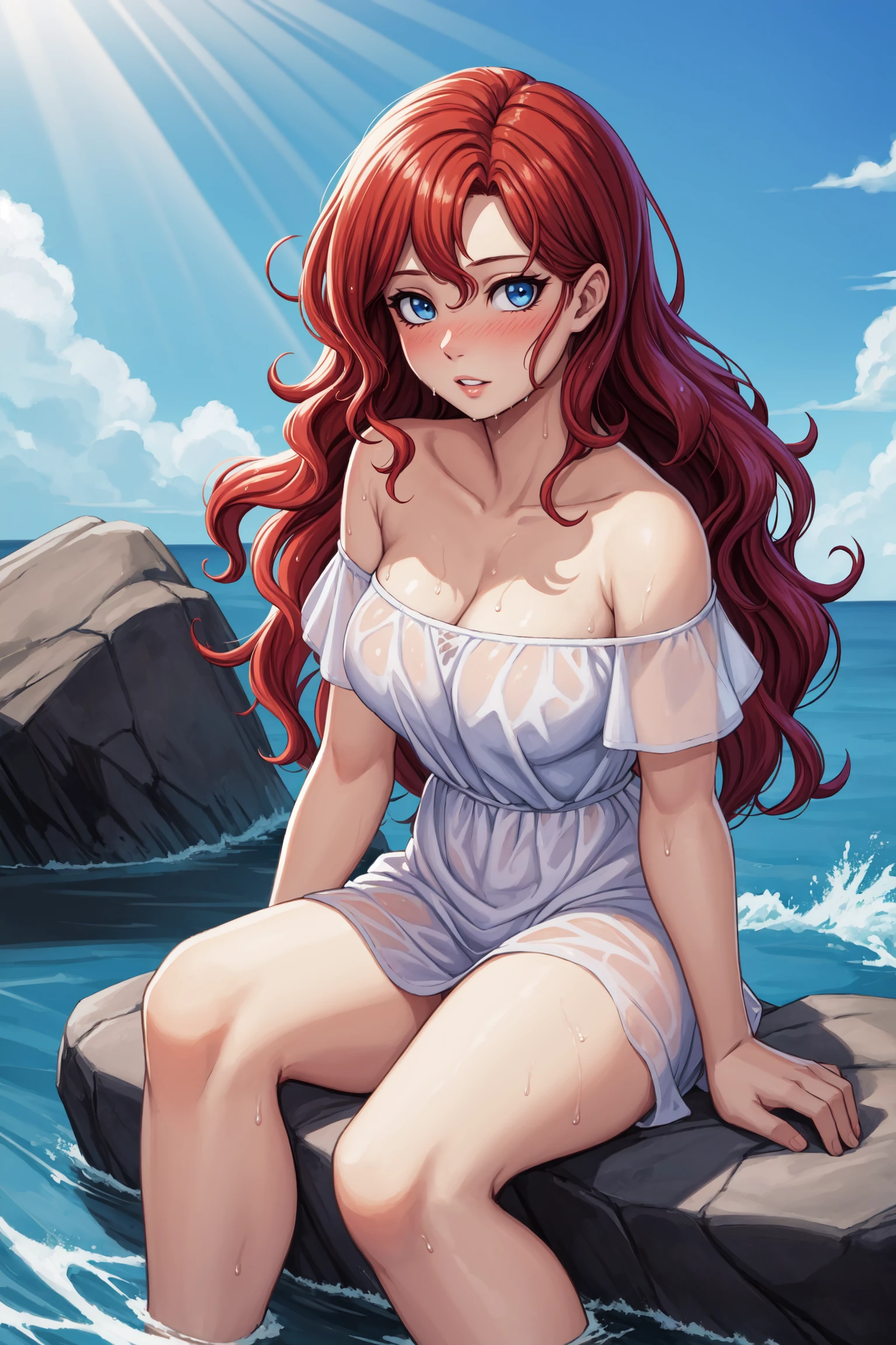 masterpiece,best quality,highres,original,game cg,illustration,(watercolor \(medium\)),
((1girl with wavy hair and long hair and red hair and wet hair and wet clothes)) and detailed blue eyes and glossy eyes,
sitting on rock,outdoors by ocean,waves,sunbeam,
(painterly,cel shading,depth of field),fine details,authentic,photorealistic,((nsfw)),
cowboy shot,medium shot,(solo,solo focus),face focus,
(see-through,she wears strapless off shoulder white sundress and short sleeves),
(looking at viewer, blushing, shy, innocent, parted lips),
bursting breasts,cleavage,bare legs,
(shy pose,sitting),upright,
sharp,outline,cinematic lighting,fantasy,baroque,
<lora:add_detail:0.3>,