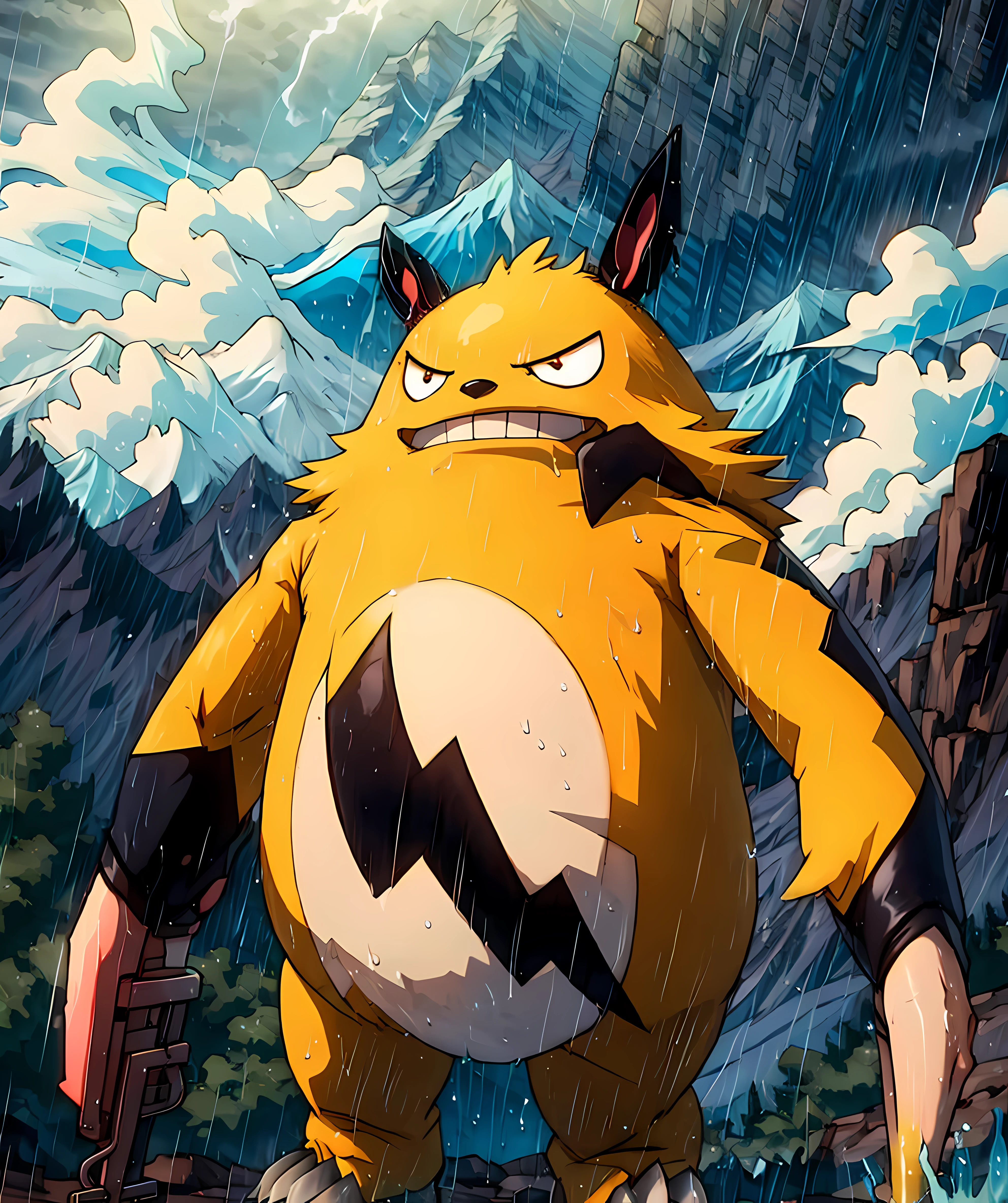 <lora:Grizzbolt:0.8> grizzbolt_palworld, dramatic, mountain, thunder, thunderstorm, storm, water, rain, bolt, standing, wet fur, dramatic