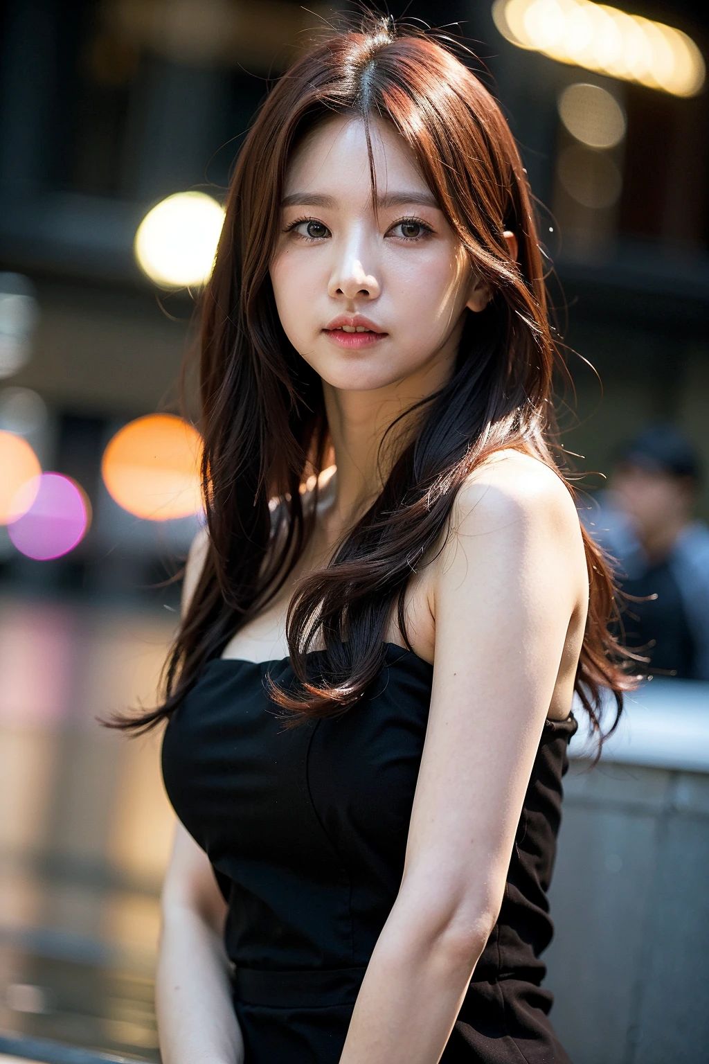Best quality, masterpiece, ultra high res, (photorealistic), raw photo,1girl, upper body,solo, realistic, looking at viewer, long hair, bokeh background, black dress <lora:makina69_jei_v1.0:1>