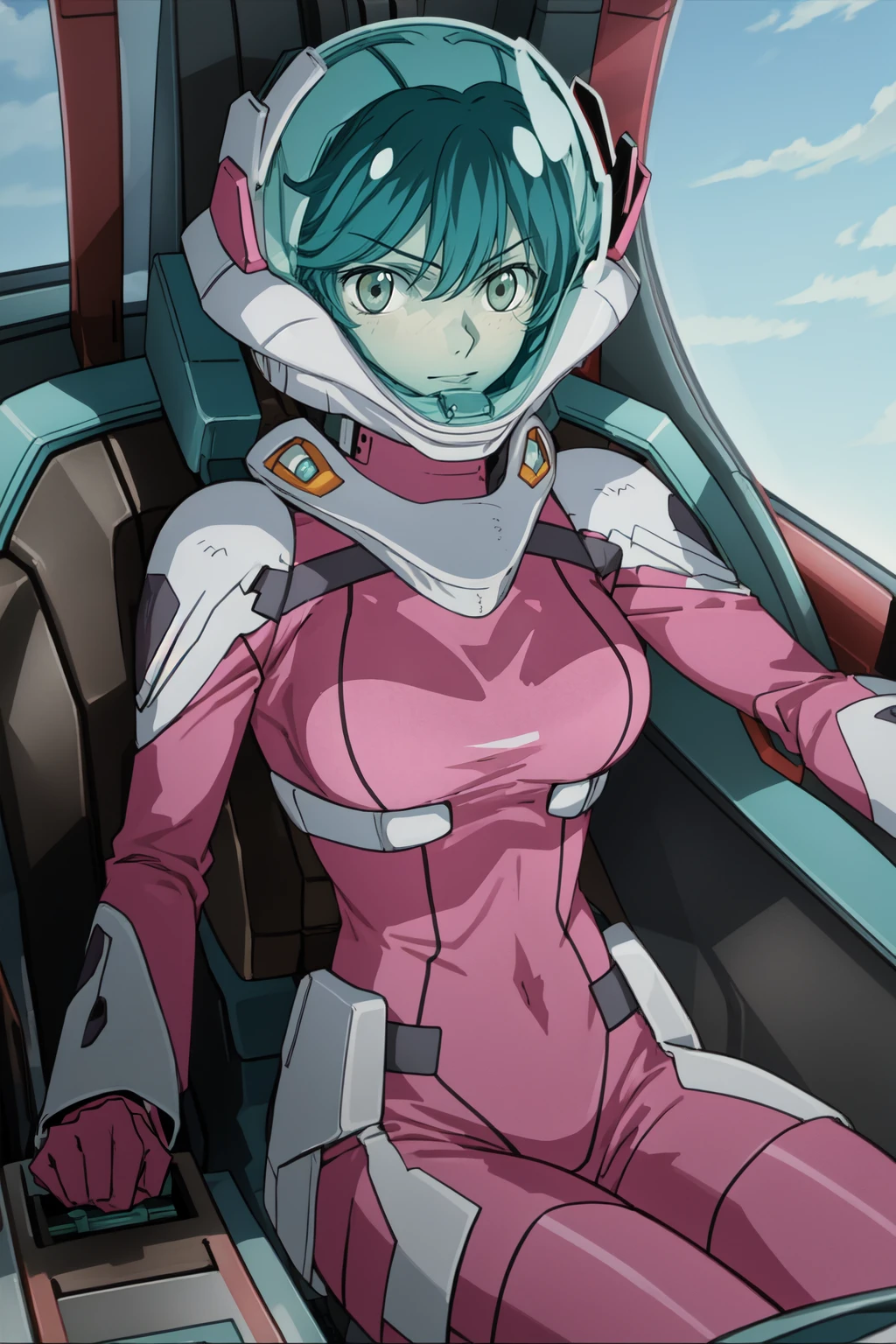 masterpiece, best quality, absurdres, nena trinity <lora:Nena_Trinity_v2.0:0.9>, 1girl, yellow eyes, red hair, (freckles:0.7), earrings, medium breasts <lora:breastsizeslideroffset:0.2>, (helmet, green glass, short hair:1.4), pink bodysuit, bodysuit, pink gloves, BREAK nice hands, perfect hands, <lora:GoodHands-beta2:0.8>, beaufitul hand, beautiful finger, BREAK holographic interface, (sitting, cockpit:1.3), space, galaxy, tele shot, (perfect anatomy), cowboy shot, [Cinematic lighting|Volumetric Lighting], looking at viewer
