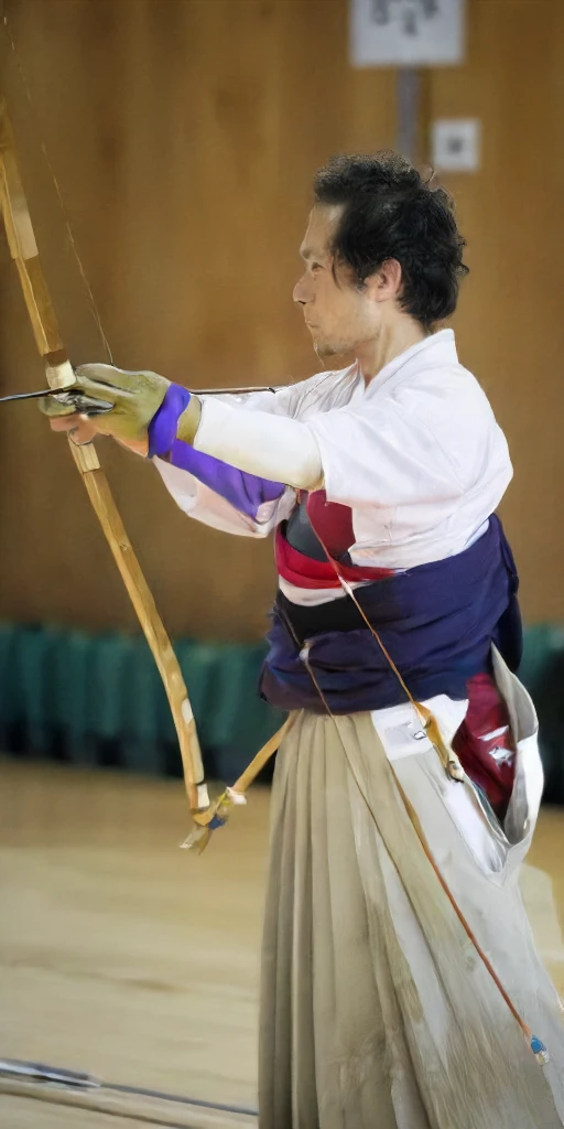 uchiokoshi, solo,gloves,1boy,holding,weapon,male focus,japanese clothes,kimono,holding weapon,blurry,single glove,bow (weapon),partially fingerless gloves,realistic,arrow (projectile),holding bow (weapon),yugake,archery,kyuudou<lora:Kyudo:1>