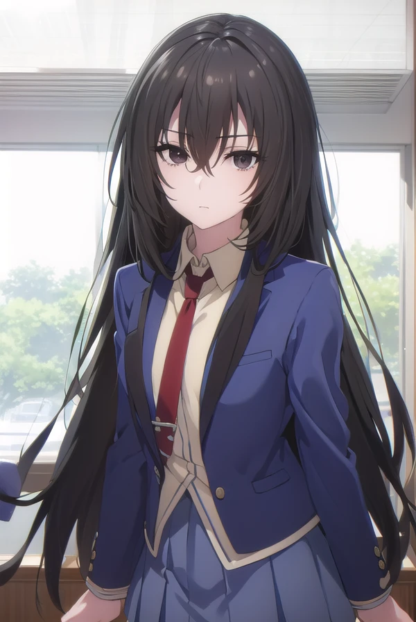 kirukiruamou, <lora:kirukiru amou s1-lora-nochekaiser:1>,
kirukiru amou, long hair, black hair, very long hair, (black eyes:1.3), hair between eyes,
BREAK skirt, school uniform, jacket, necktie, blue skirt, blazer, red necktie,
BREAK indoors, classroom,
BREAK looking at viewer, (cowboy shot:1.5),
BREAK <lyco:GoodHands-beta2:1>, (masterpiece:1.2), best quality, high resolution, unity 8k wallpaper, (illustration:0.8), (beautiful detailed eyes:1.6), extremely detailed face, perfect lighting, extremely detailed CG, (perfect hands, perfect anatomy),