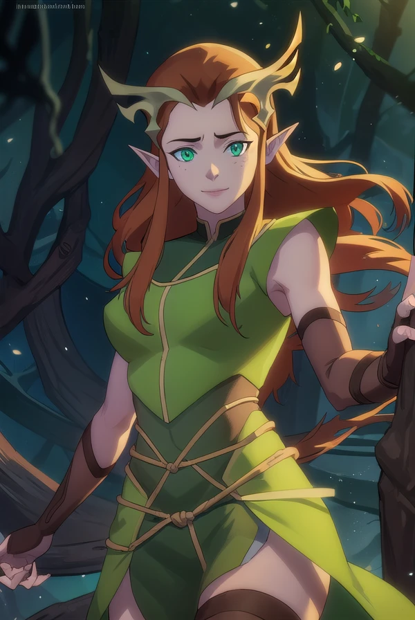 keyleth, <lora:keyleth-lora-nochekaiser:1>,
keyleth, long hair, brown hair, (green eyes:1.3), pointy ears, elf, antlers, freckles, smile,
BREAK thighhighs, gloves, boots, fingerless gloves, thigh boots, brown footwear, green dress,
BREAK outdoors, forest, nature,
BREAK looking at viewer, (cowboy shot:1.5),
BREAK <lyco:GoodHands-beta2:1>, (masterpiece:1.2), best quality, high resolution, unity 8k wallpaper, (illustration:0.8), (beautiful detailed eyes:1.6), extremely detailed face, perfect lighting, extremely detailed CG, (perfect hands, perfect anatomy),