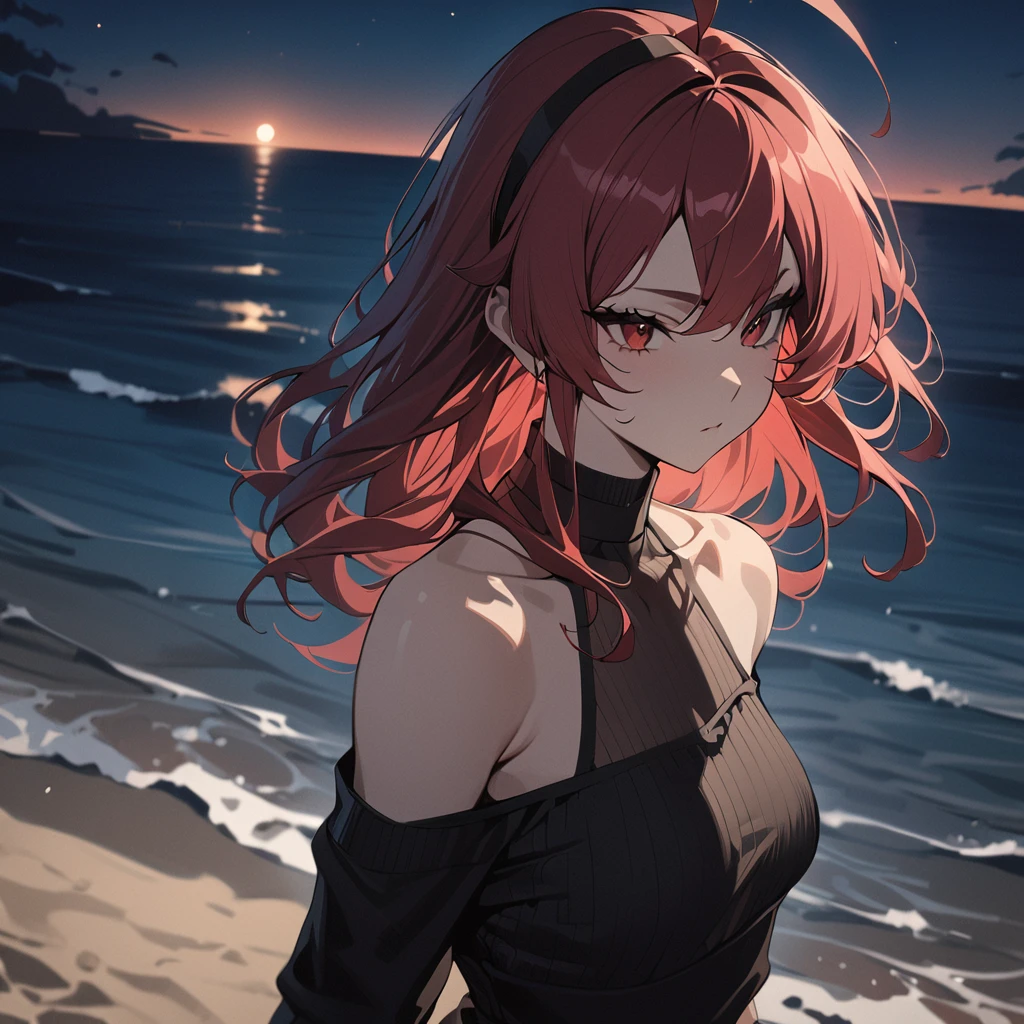 (best quality, masterpiece:1.6), <lora:ERIS_GREYRAT:0.8>, eris greyrat, long red hair, red eyes, black eyeliner, ahoge, black hair accessory, walking at beach, night time, cinematic lighting, moon light, ocean, black and white top