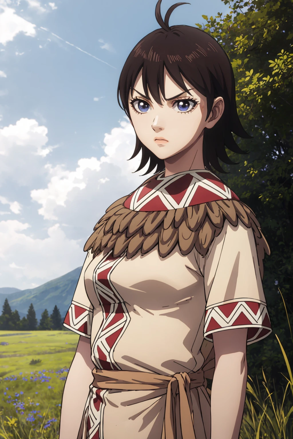 masterpiece, best quality, 1girl, karyoten, ahoge, brown hair, short hair, blue eyes, poncho, tunic,
serious, upper body, solo, grass, blue sky, meadow background <lora:KaryoTen:1>