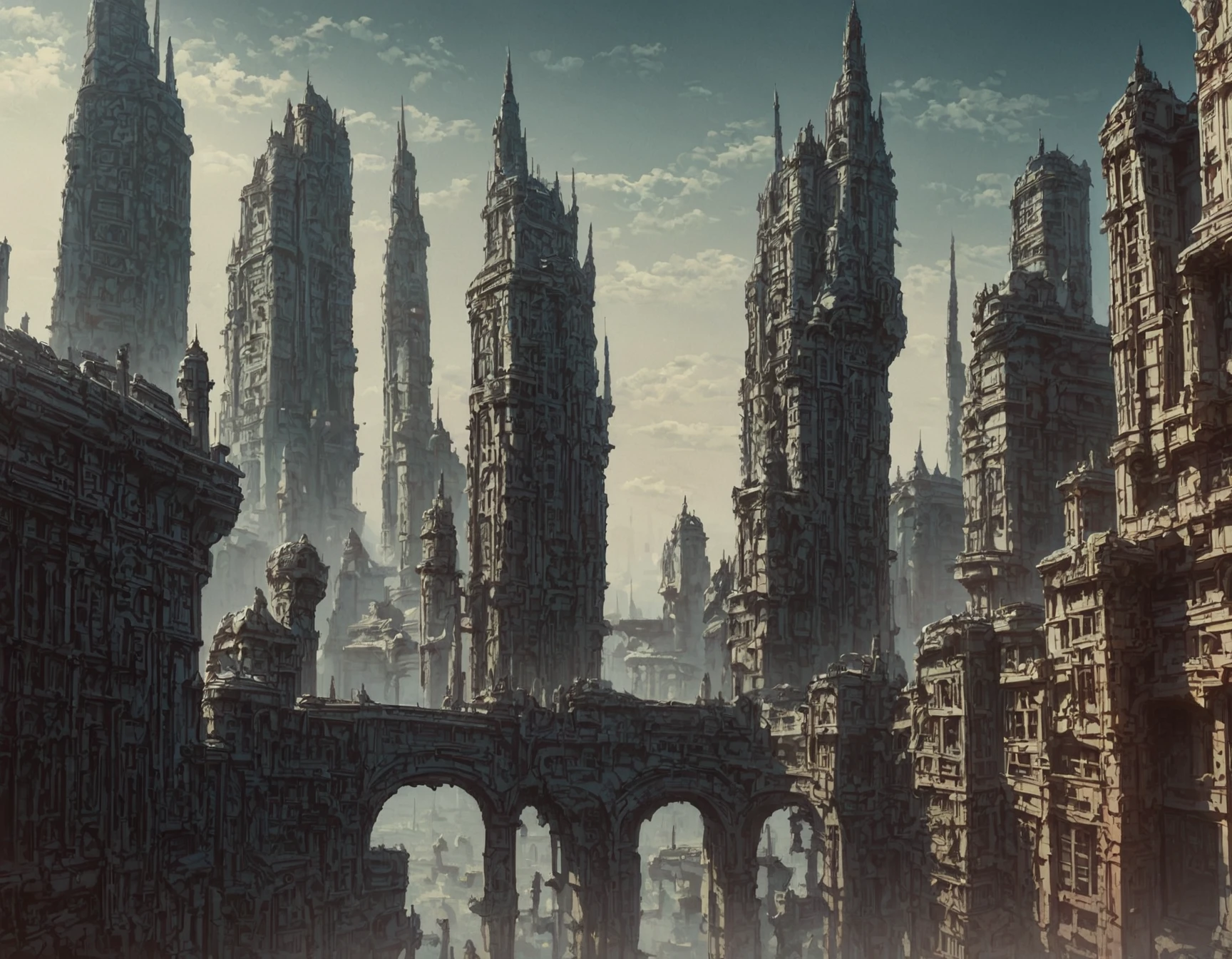 <lora:H.R.GigerWorldPonyXL:1.0> gigerworld, scifi, city with towers and roads and bridges, score_9, score_8_up, score_7_up, score_6_up, score_5_up, score_4_up,