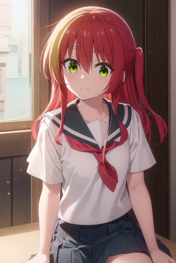 kitaikuyo, <lora:ikuyo kita s1-lora-nochekaiser:1>,
ikuyo kita, (green eyes:1.5), hair between eyes, long hair, one side up, red hair, smile,
BREAK black footwear, black skirt, grey sailor collar, pleated skirt, sailor collar, school uniform, shoes, short sleeves, shuka high school uniform, skirt,,
BREAK indoors, classroom,
BREAK looking at viewer, (cowboy shot:1.5),
BREAK <lyco:GoodHands-beta2:1>, (masterpiece:1.2), best quality, high resolution, unity 8k wallpaper, (illustration:0.8), (beautiful detailed eyes:1.6), extremely detailed face, perfect lighting, extremely detailed CG, (perfect hands, perfect anatomy),