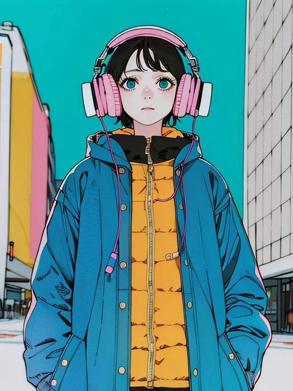 masterpiece, high quality, A girl, wearing a baggy blue coat and headphones,<lora:J_pastel_color:0.9> j_pastel_color