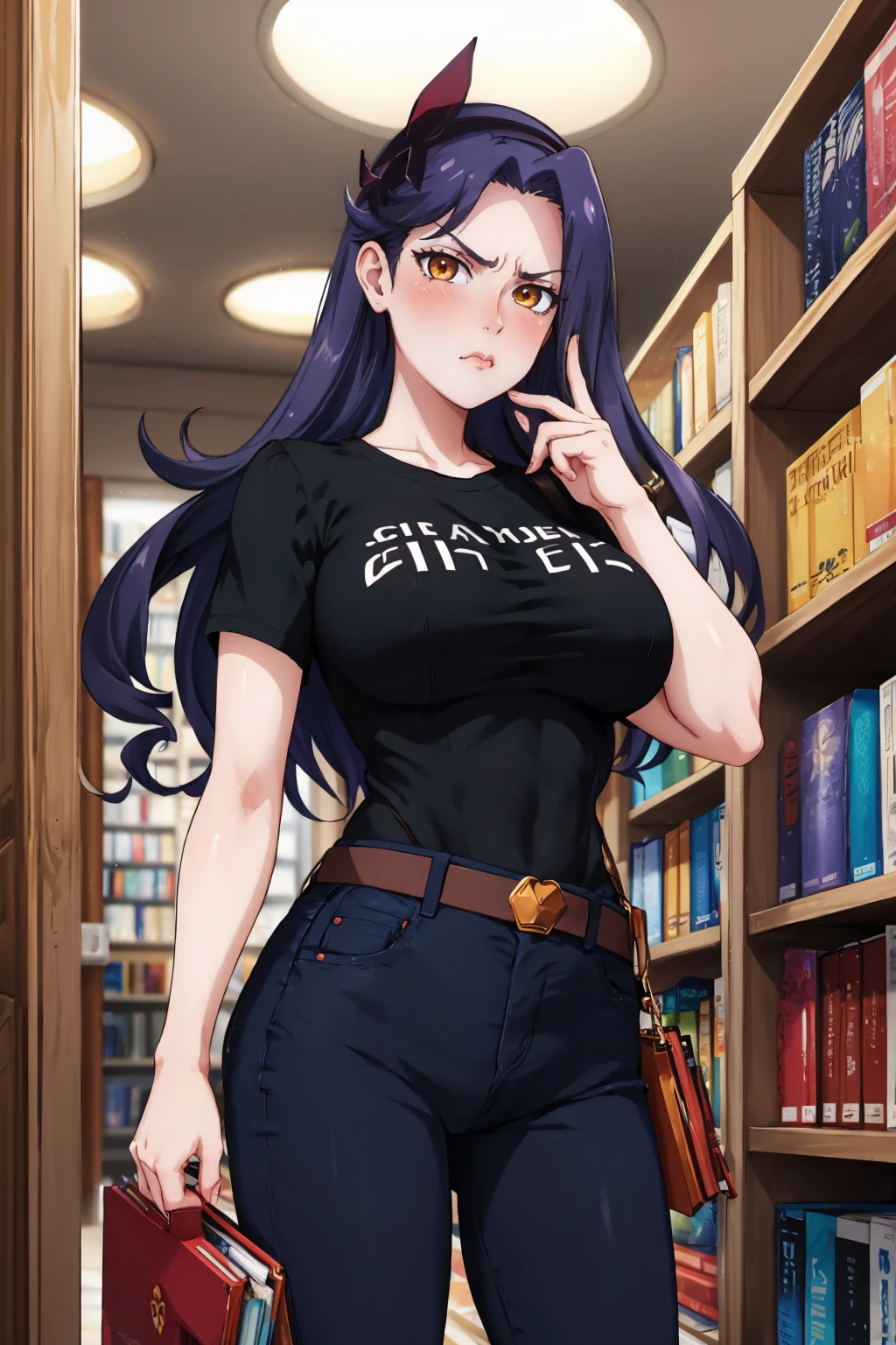 masterpiece, best quality, <lora:almaria-nvwls-v1-000009:0.9> almaria, hairband, hair ornament, large breasts, black t-shirt, black pants, belt, indoors, bookshelf, looking at viewer, furrowed brow, pout