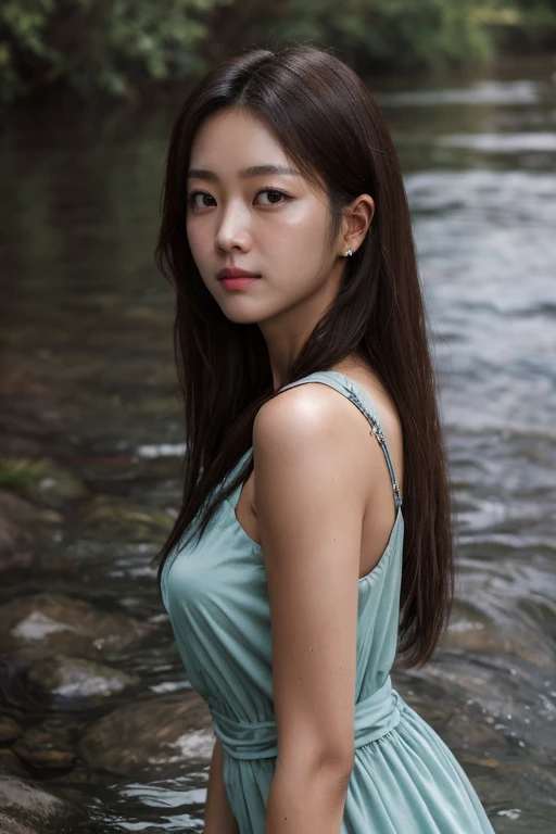 masterpiece, best quality, ultra-detailed, ultra high res, (photorealistic:1.4), raw photo, (realistic:0.2), CG, 8k HDR, cinematic lighting, 1girl, solo, looking at viewer, (simple drop waist dress, sleeveless), outdoor, (colorful), day, (half submerged in a river), meadow, upper body, lower body, asymmetrical hair, (detailed oily skin, medium breasts:0.8), (detailed face), (detailed background :1.1), closed mouth,