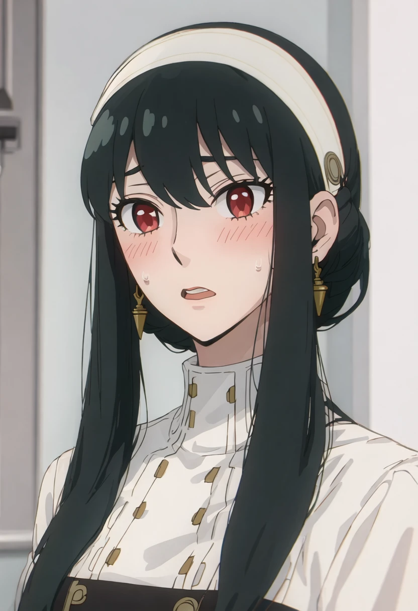 best quality, masterpiece, highres, solo, {yor_briar_spyxfamily:0.90}, 1girl, closed_mouth, jewelry, portrait, looking_at_viewer, blush, parody, sweatdrop