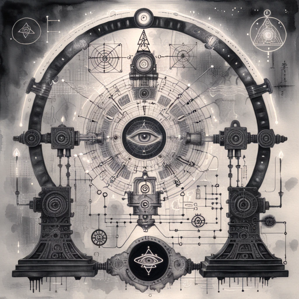 ampereart ink drawing of a mystical time machine with an electrical diagram, in the background a dark time gate and mystical electrical symbols <lora:ampereart:1>
