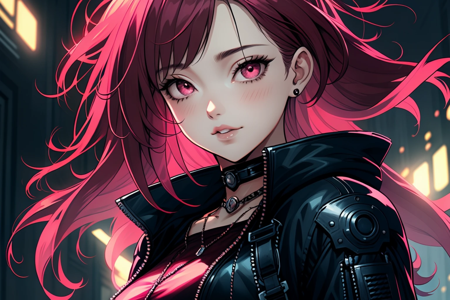 1girl with red wavy hair, Magenta eyes, Cyberpunk punk clothing, Industrial background, happy, dramatic pose, necklace