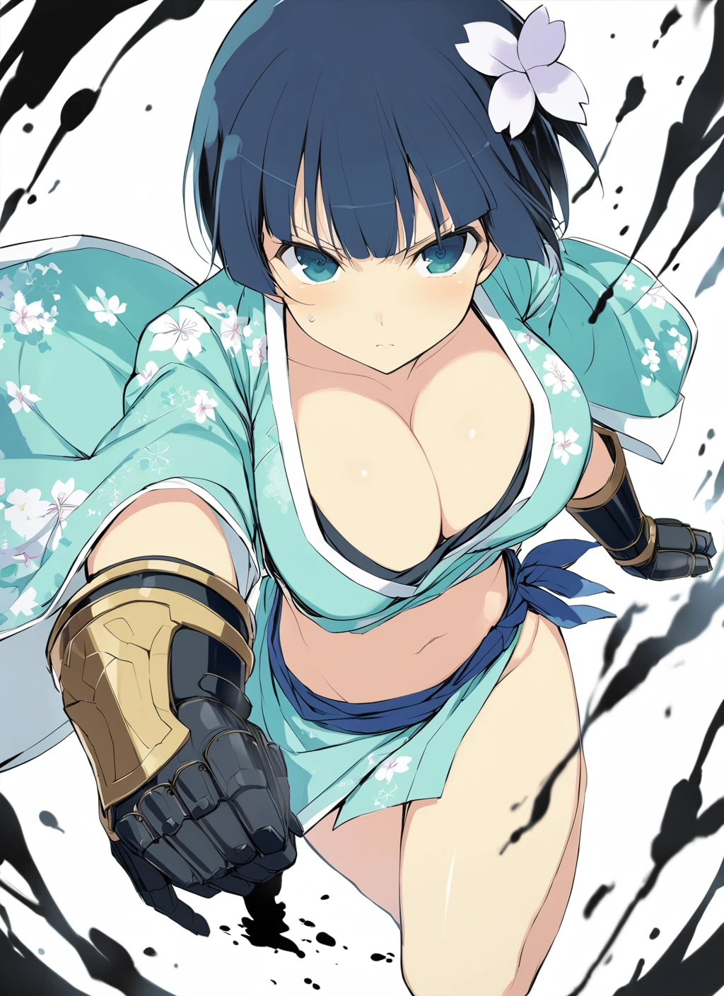 masterpiece, best quality,
yozakura (senran kagura), 1girl, breasts, solo, short hair, blue hair, blue eyes, large breasts, hair ornament, hair flower,
gauntlets, flower, japanese clothes, navel, midriff, bare legs, cleavage, emblem,
pov, white background, fighting stance, serious, looking at viewer, pov, from above, ink splashing,