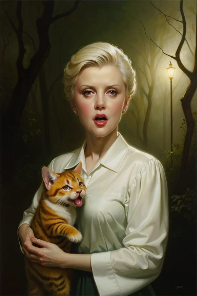 Angela Lansbury, (open mouth, big bottom lip, worried expression), holding a calm kitten, foggy forest, spotlight, lowbrow, oilpainting, Troy Brooks, Ray Caesar, (Murder She Wrote)
-<popskullnegx>
Steps: 20, Sampler: DPM++ 2M Karras, Guidance Scale: 6.5, Seed: 2413018289, Size: 640x960, Model: popskull_v16_f16.ckpt, Strength: 1.0, Seed Mode: NVIDIA GPU Compatible, Hires Fix: true, First Stage Size: 512x768, Second Stage Strength: 0.4