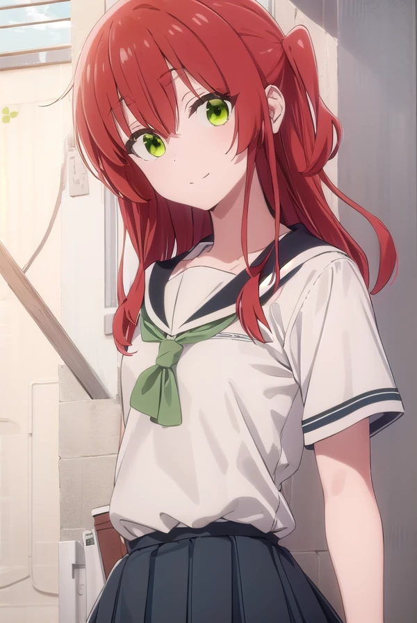 kitaikuyo, <lora:ikuyo kita s1-lora-nochekaiser:1>,
ikuyo kita, (green eyes:1.5), hair between eyes, long hair, one side up, red hair, smile,
BREAK black footwear, black skirt, grey sailor collar, pleated skirt, sailor collar, school uniform, shoes, short sleeves, shuka high school uniform, skirt,,
BREAK indoors, classroom,
BREAK looking at viewer, (cowboy shot:1.5),
BREAK <lyco:GoodHands-beta2:1>, (masterpiece:1.2), best quality, high resolution, unity 8k wallpaper, (illustration:0.8), (beautiful detailed eyes:1.6), extremely detailed face, perfect lighting, extremely detailed CG, (perfect hands, perfect anatomy),