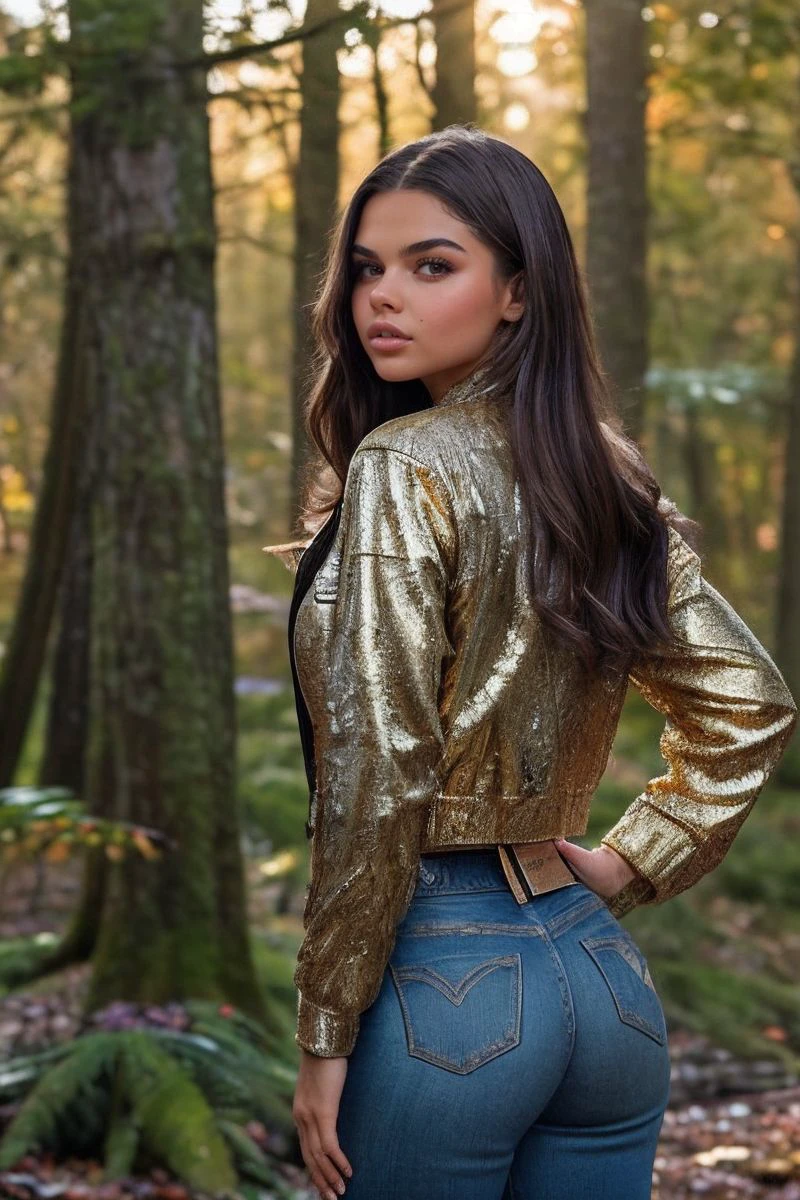 photo of S328_VickyPalacio,a stunning woman,in a (forest:1.1),wearing a (gold-jacket:1.1) and (jeans),(sunset),(4k, RAW photo, best quality, depth of field, ultra high res:1.1),(absurdres, intricate, photorealistic, masterpiece, ultra-detailed:1.1),