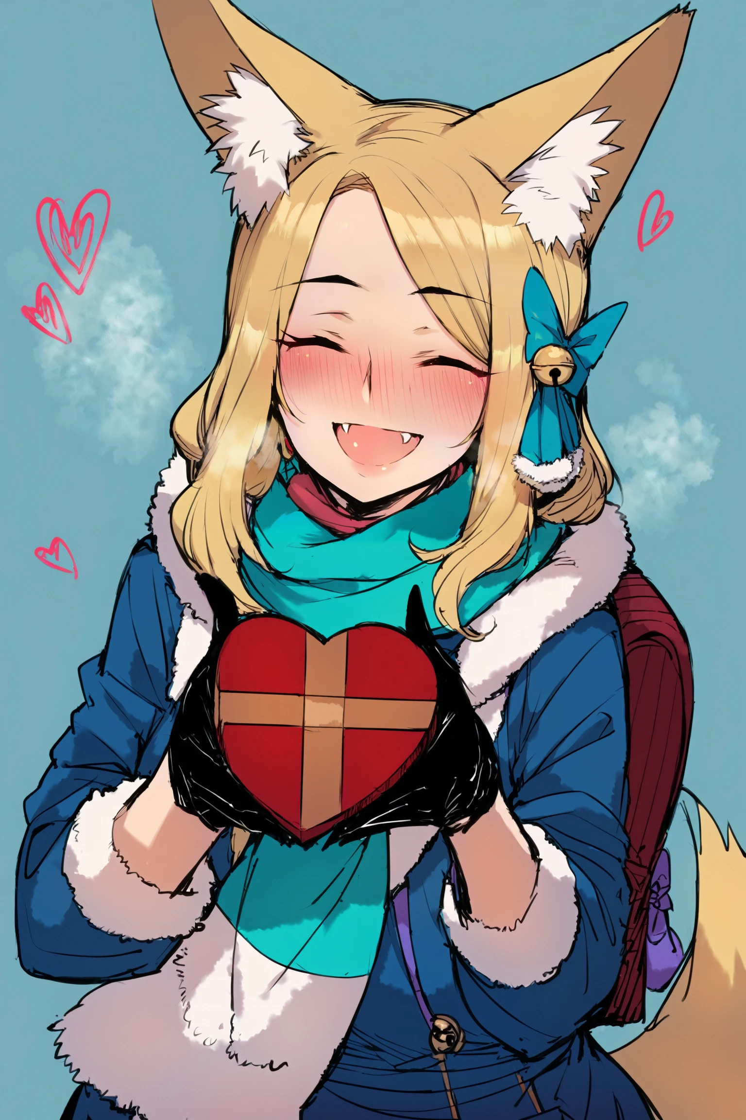 score_9, score_8_up, score_7_up, score_6_up, score_5_up, score_4_up, source_anime, ratatatat74, sketch, (mature female:1.2), 1girl, animal ears, tail, blonde hair, closed eyes, fox ears, scarf, fox tail, fang, smile, bag, open mouth, gift, gloves, valentine, coat, giving, backpack, incoming gift, facing viewer, solo, long hair, fox girl, animal ear fluff, black gloves, blush, holding, hair bow, ^_^, bell, bow, holding gift, :d, box, randoseru, gift box, <lora:Ratpony-000007:1>