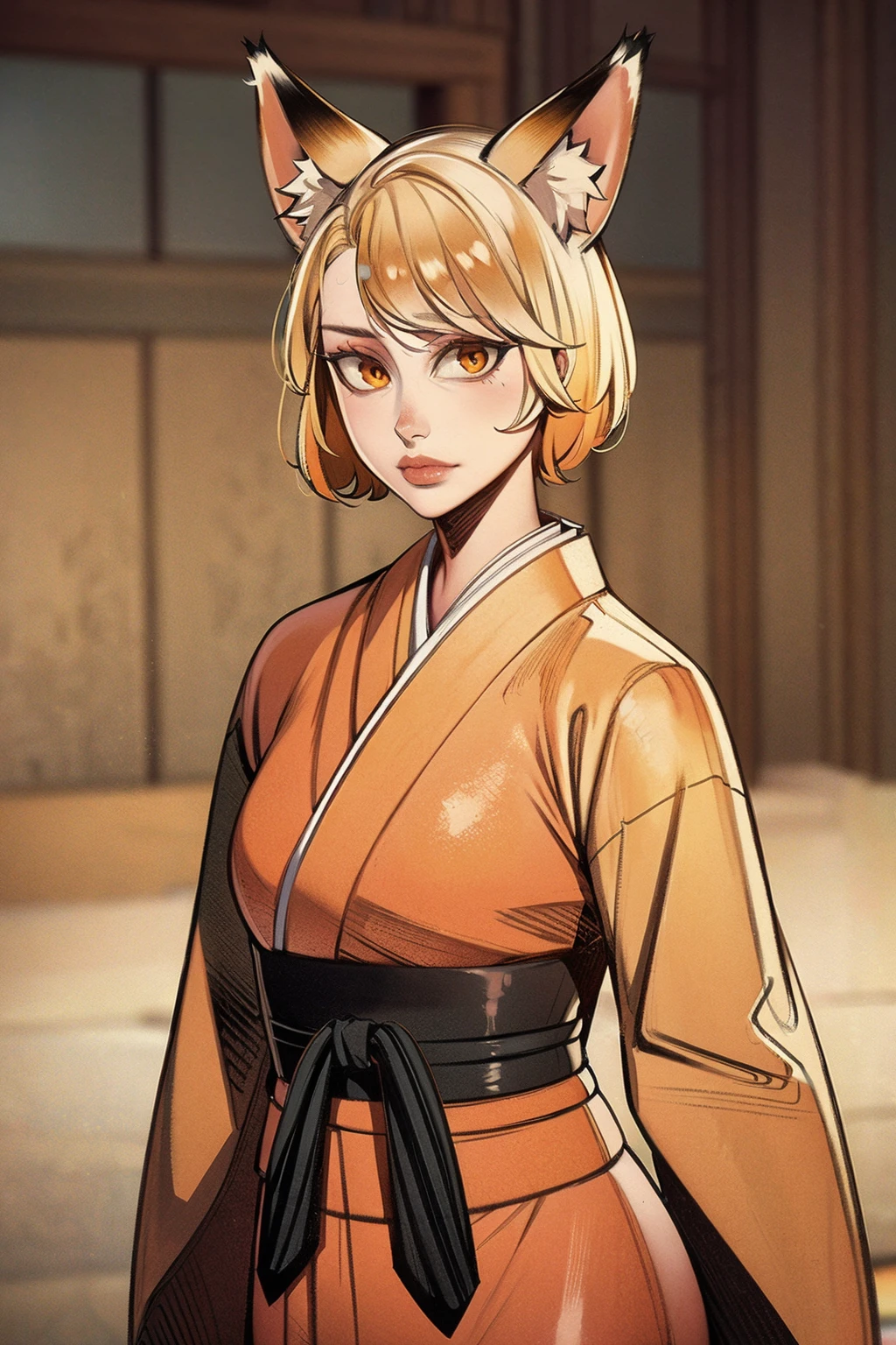 judddr style, Youukkoo, looking at viewer, short hair, blonde hair, animal ears, upper body, orange eyes, fox ears, orange kimono, full body, looking at viewer, <lora:Sengoku_Youko_00_01:0.3> <lora:judddr_00_05:1.2>