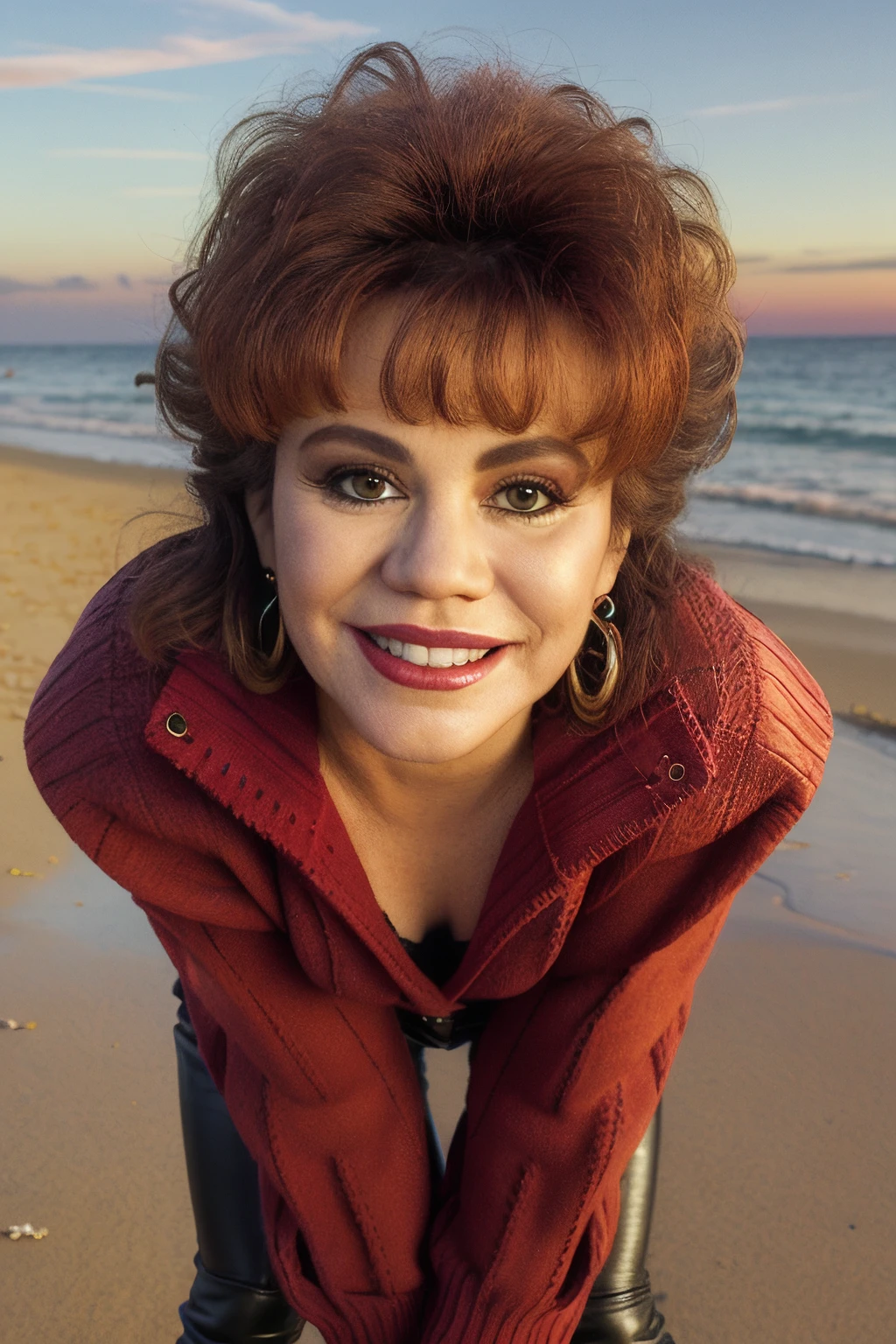 (insanely detailed, detailed face, masterpiece, detailed eyes, best quality), <lora:Francesca_Kitten_Natividad_1990s:1.3>, kitten90s, heavy makeup, smile, mature female, ((red sweater)) and (leather trousers), (walking on a beach at sunset), close up