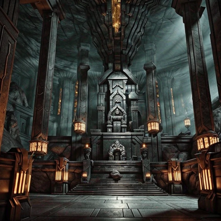 (masterpiece:1.2), (best quality,:1.2), 8k, HDR, ultra detailed, ((photorealistic)), professional light, cinematic lighting, fashion photography, ambient lighting, atmospheric effects, a large sinister dwarven throne room underground, elaborate and intricate throne, magical lights, dwarven columns, dwarven statues, DwaRe, <lora:DwarvenRealms-10:1>, in the style of Tolkien, Middle Earth, Moria, epiCPhoto