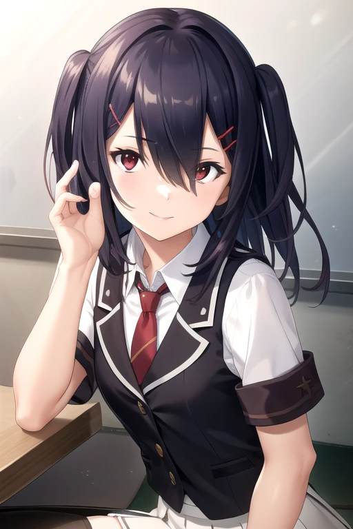 ((masterpiece)),(best quality),official art,extremely detailed CG,unity 8k wallpaper,ultra detailed,beautiful detailed eyes,extremely detailed face,classroom,1girl,solo,upper body,(portrait:1.5),looking at viewer,facing viewer,smile,Hibikino Tsumugi(hscweys),long hair,black hair,shiny hair,one side up,hair ornament,hairclip,sidelocks,hair between eyes,red eyes,black vest,wing collar,red necktie,dress shirt,white shirt,collared shirt,short sleeves,small breasts,miniskirt,white skirt,pleated skirt,plaid skirt,striped skirt,zettai ryouiki,black thighhighs,loafers,<lora:Hibikino Yui(hscweys)>,